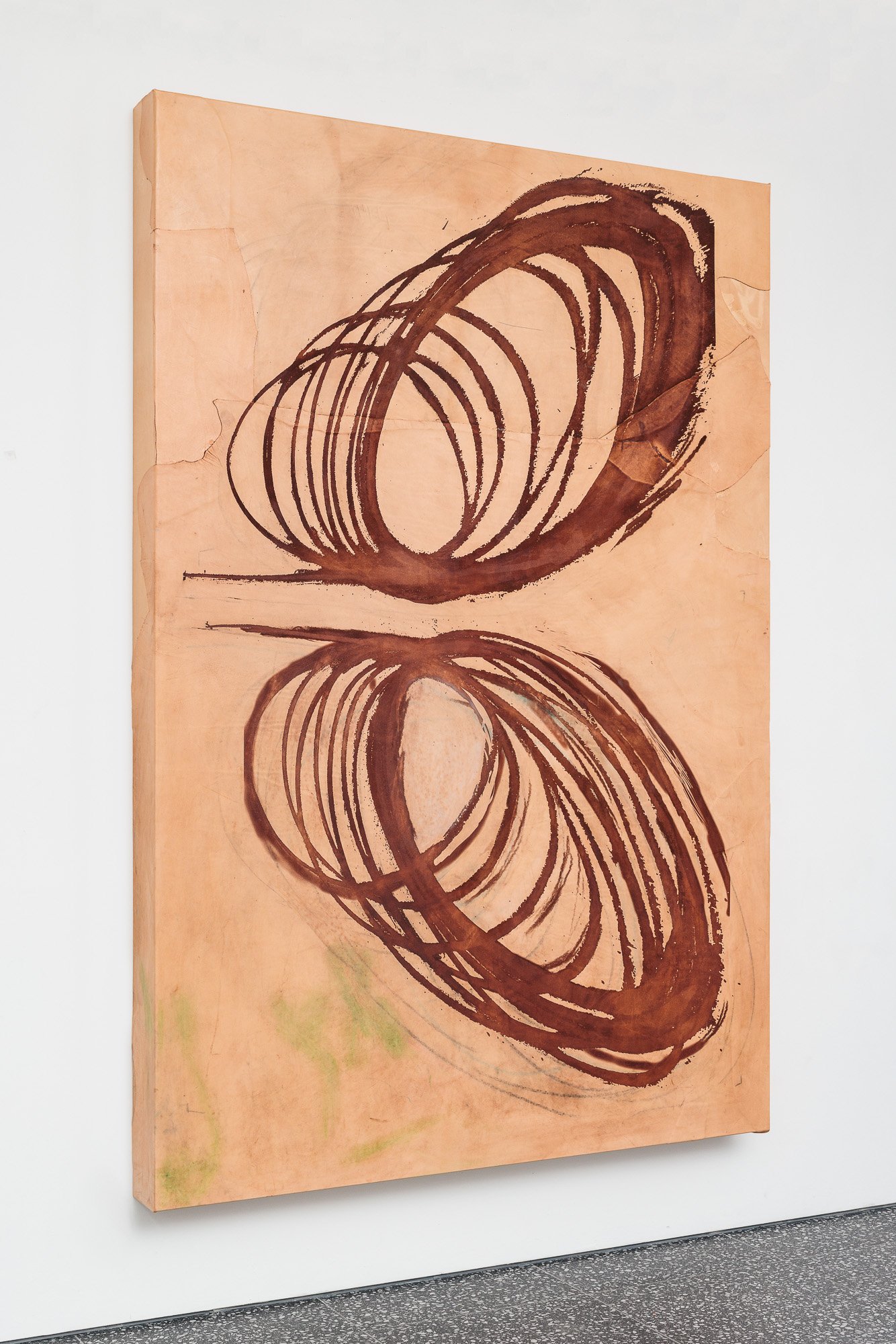 Lena HenkeCombustions 18 [Two Wheeler], 2024Laser etched leather, pigment on wooden panel250 x 170 x 15 cm