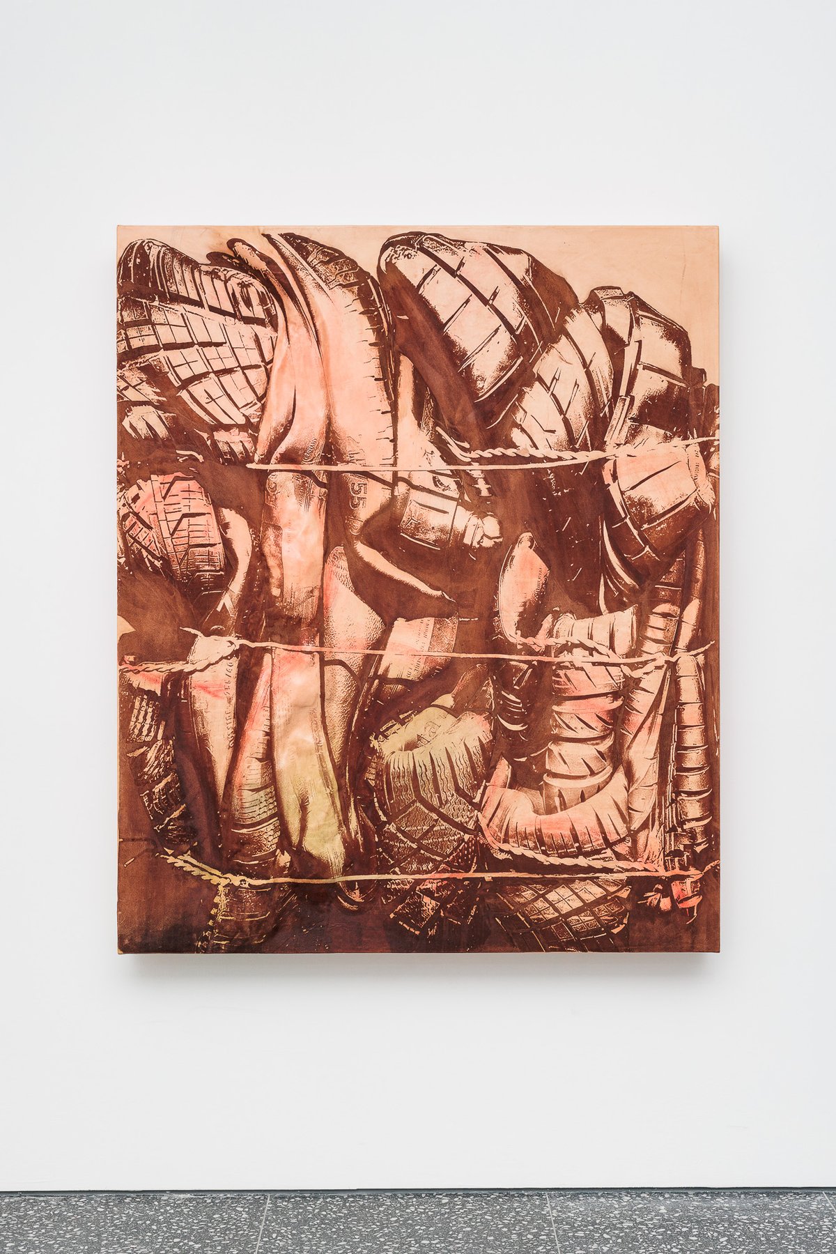 Lena HenkeCombustions 20 [Tread failure], 2024Laser etched leather, pigment on wooden panel150 x 125 x 15 cm