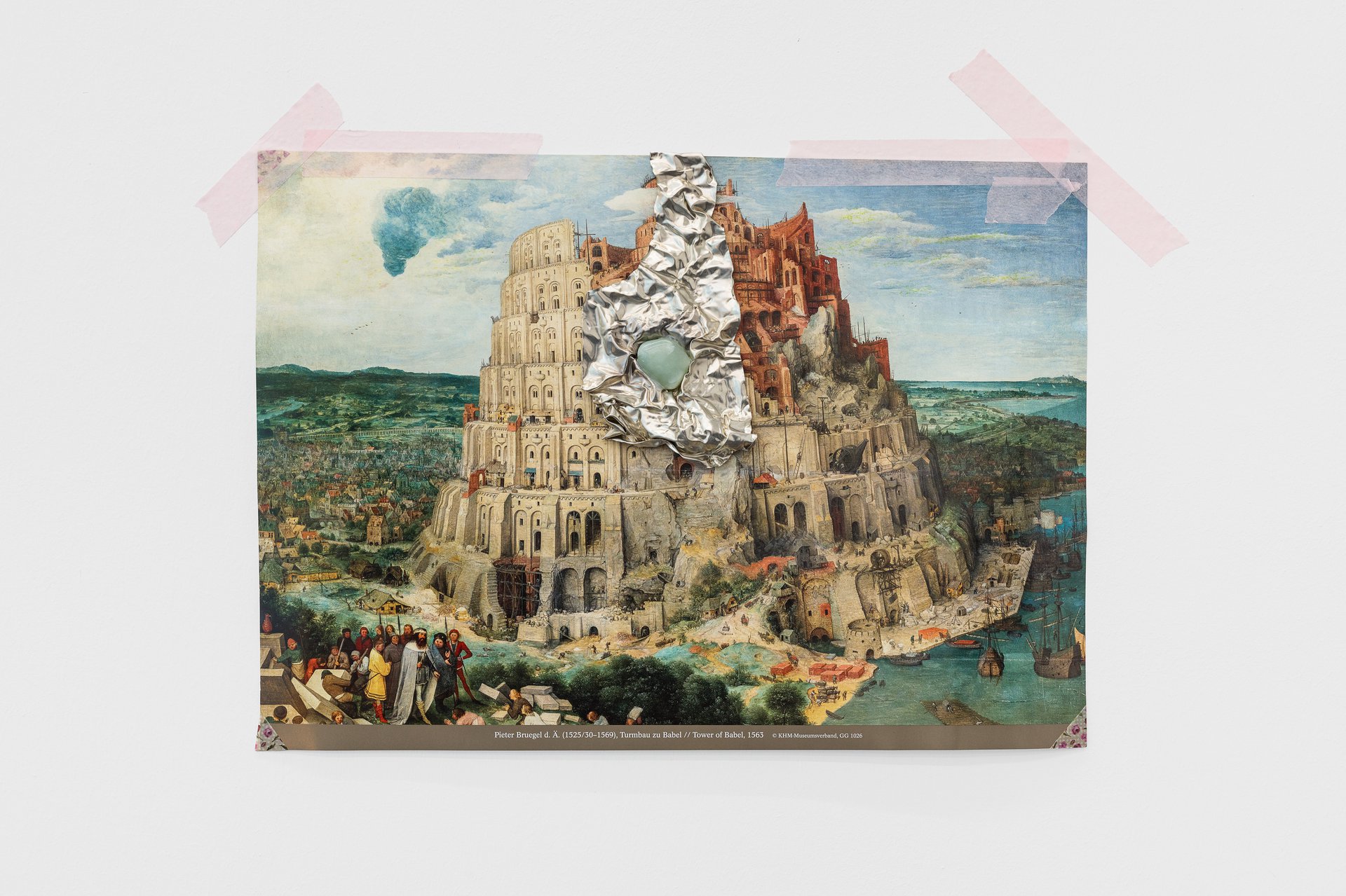 Josef StrauBabel Tower Alteration, 2023poster, tin, magnet stone, tape41 × 44 × 2 cm