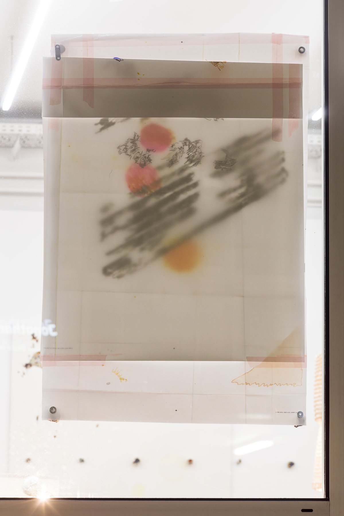 Josef StrauLightlines auf Posterrückseite 3, 2023Poster, stone magnets, tape90,5 x 62,5 x 3 cm