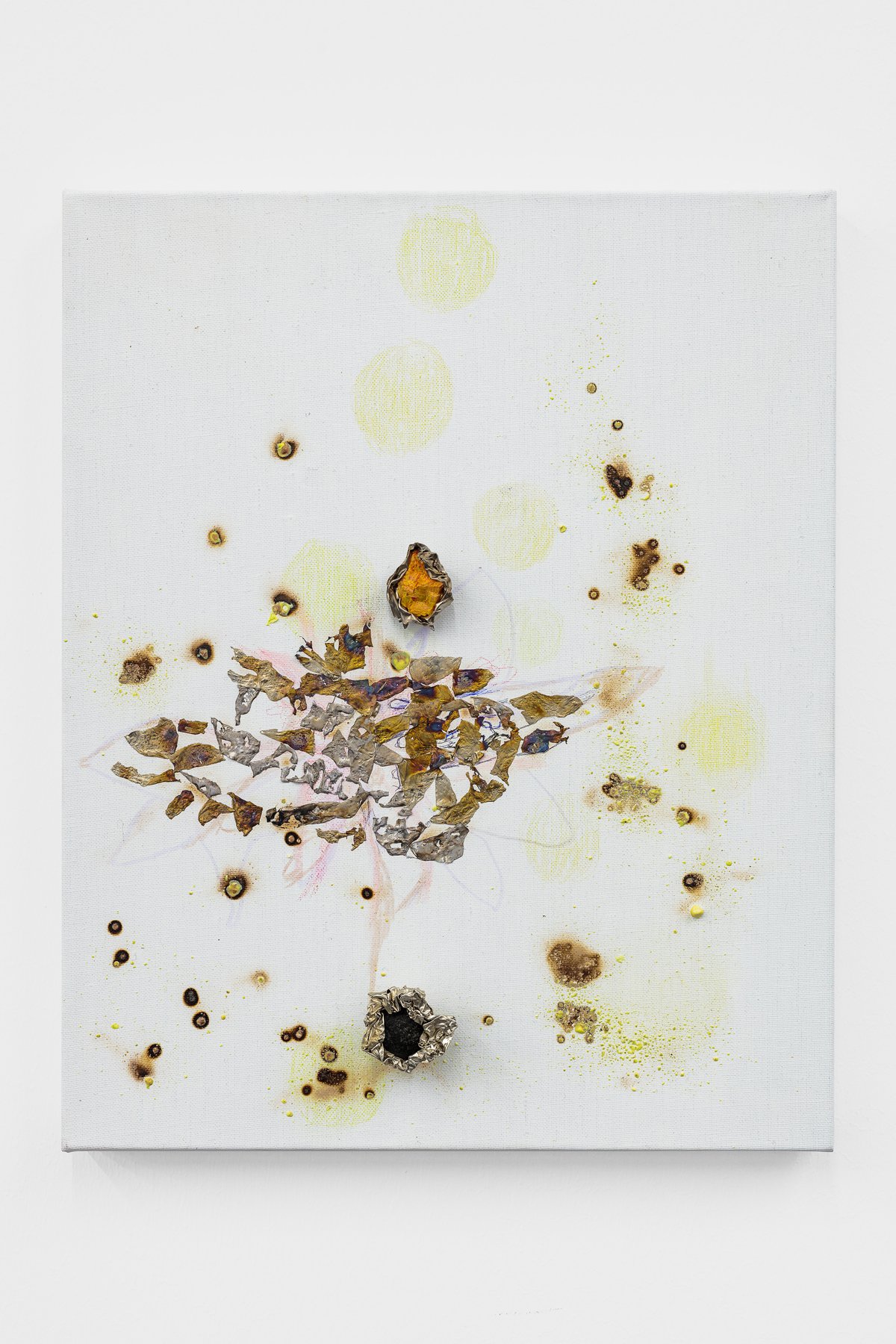 Josef StrauHazy Flower, 2023Sulfur, tin, pencil, acrylic, stone magnets on linen50 x 40 x 6 cm
