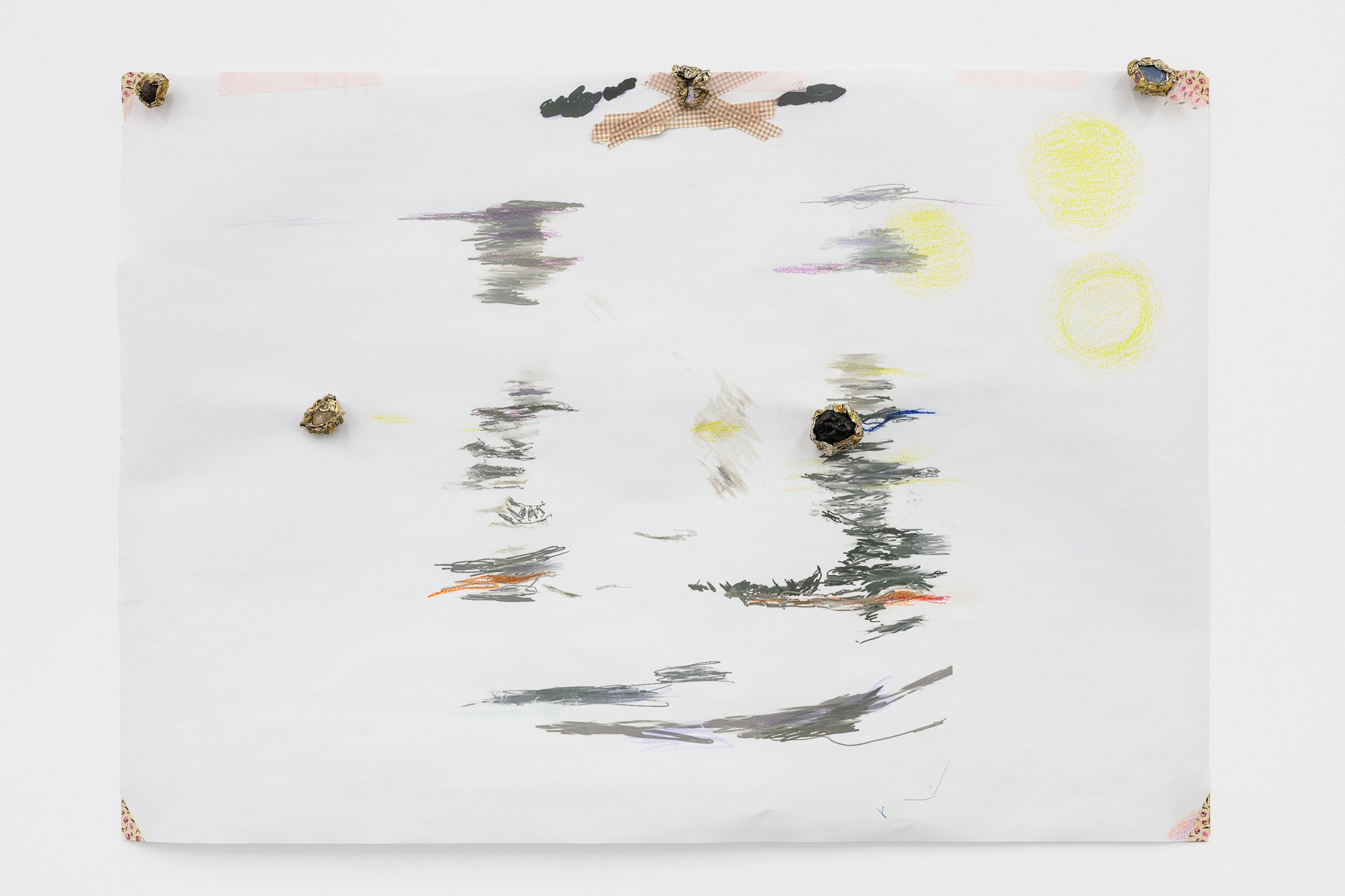 Josef StrauRetouched Angel, 2023poster, stone magnet, pencil, colour-tape59 x 84 x 3 cm