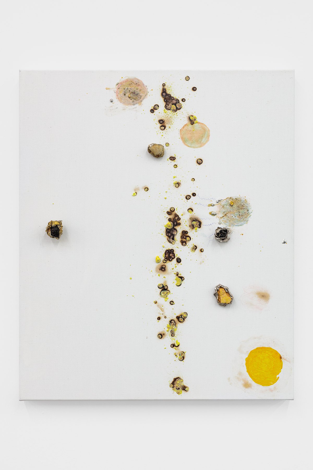 Josef StrauDownfall Spheres, 2023Sulfur, tin, pencil, acrylic, stone magnets on linen60 x 50 x 6 cm