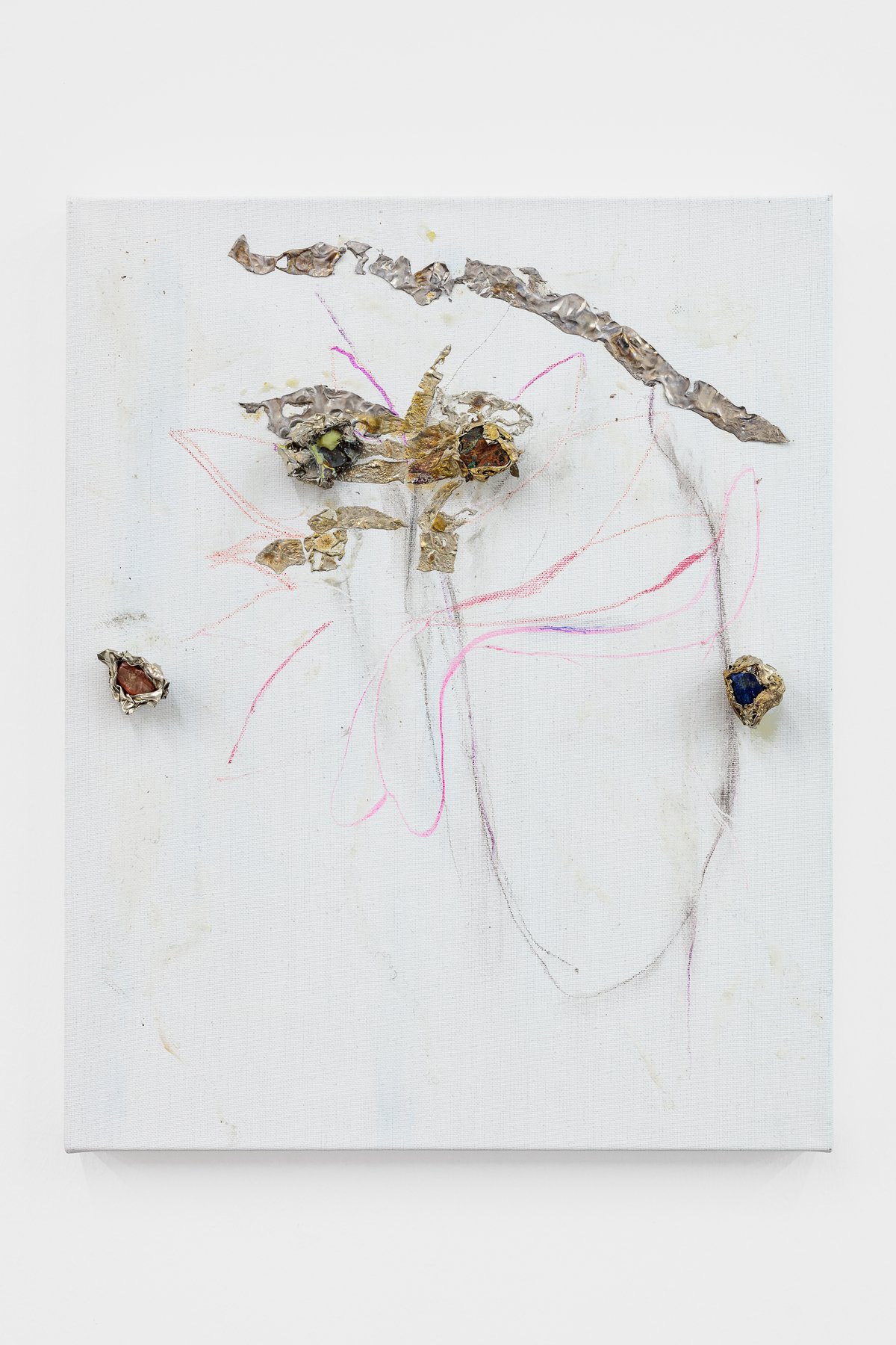 Josef StrauSpheres Flower, 2023Sulfur, tin, pencil, acrylic, stone magnets on linen50 x 40 x 6 cm