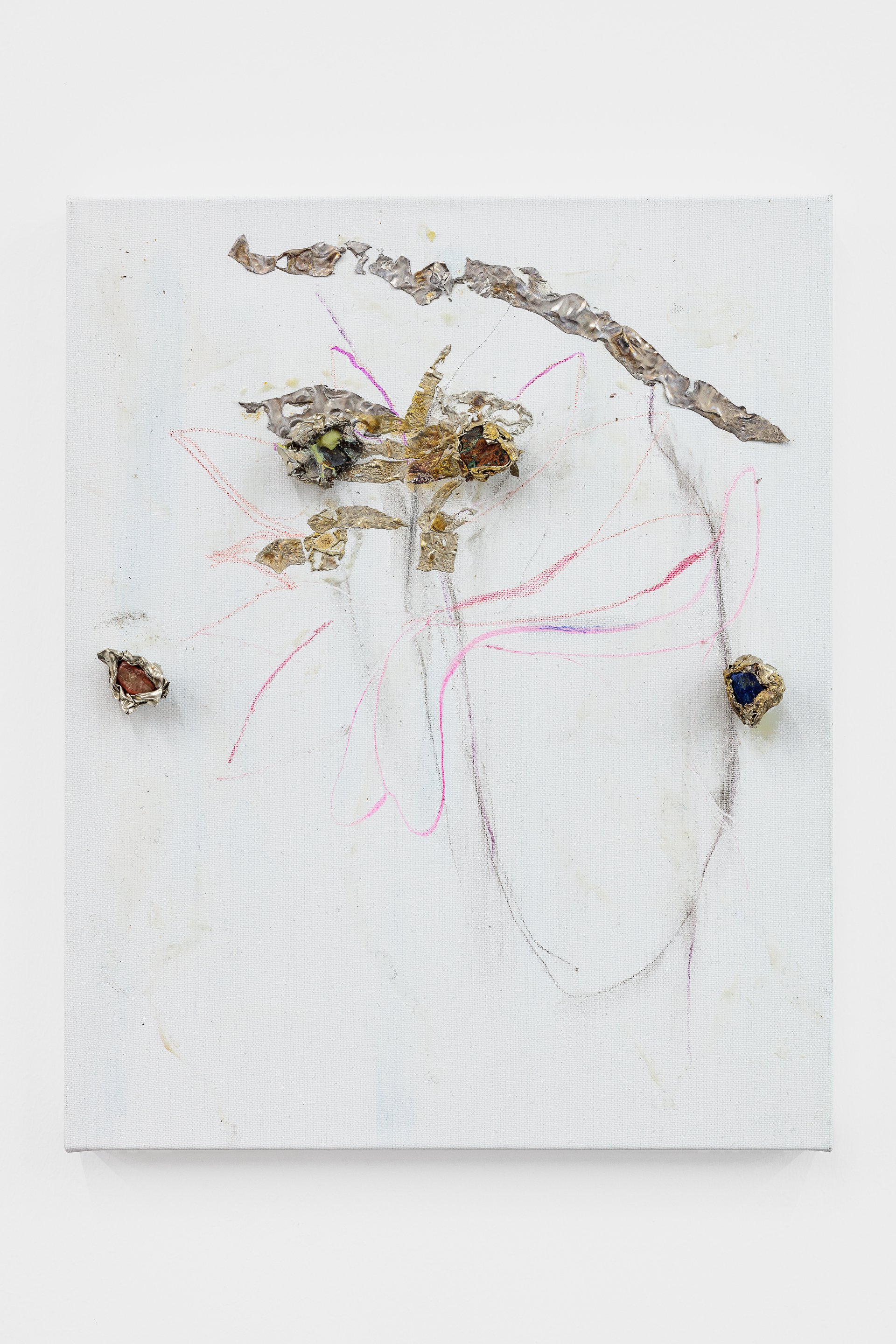 Josef StrauSpheres Flower, 2023Sulfur, tin, pencil, acrylic, stone magnets on linen50 × 40 × 6 cm