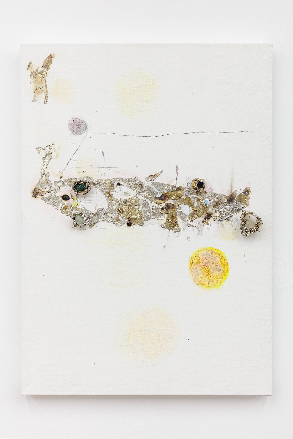 Josef StrauSpheres Fear, 2023Sulfur, tin, pencil, acrylic, stone magnets on linen70 x 50 x 6 cm