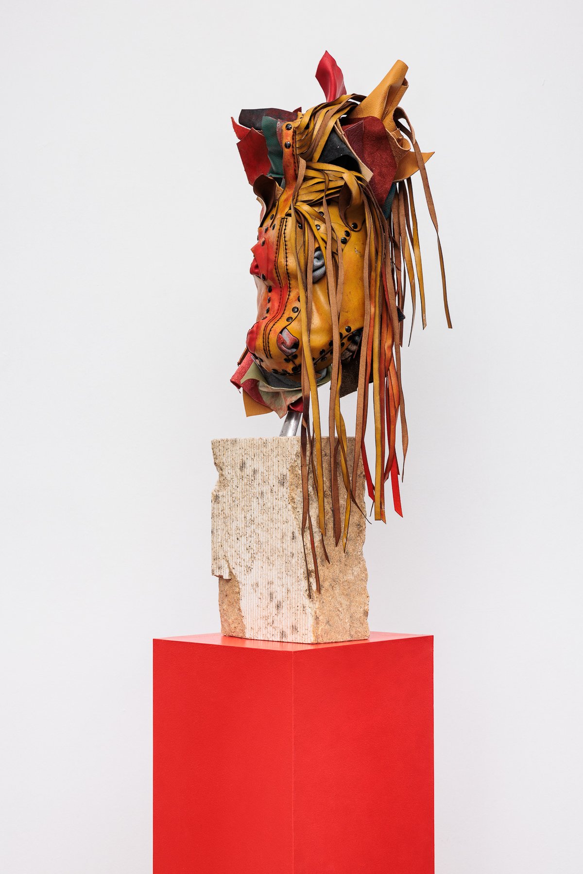 Lena HenkeMemory of a Young Sculpture X, 2024Soldered and boiled leather, pigment and steel mounted on Austrian granite, on wooden pedestal30 x 30 x 167 cm (installed dimensions) / 30 x 30 x 87 cm (dimensions without plinth)