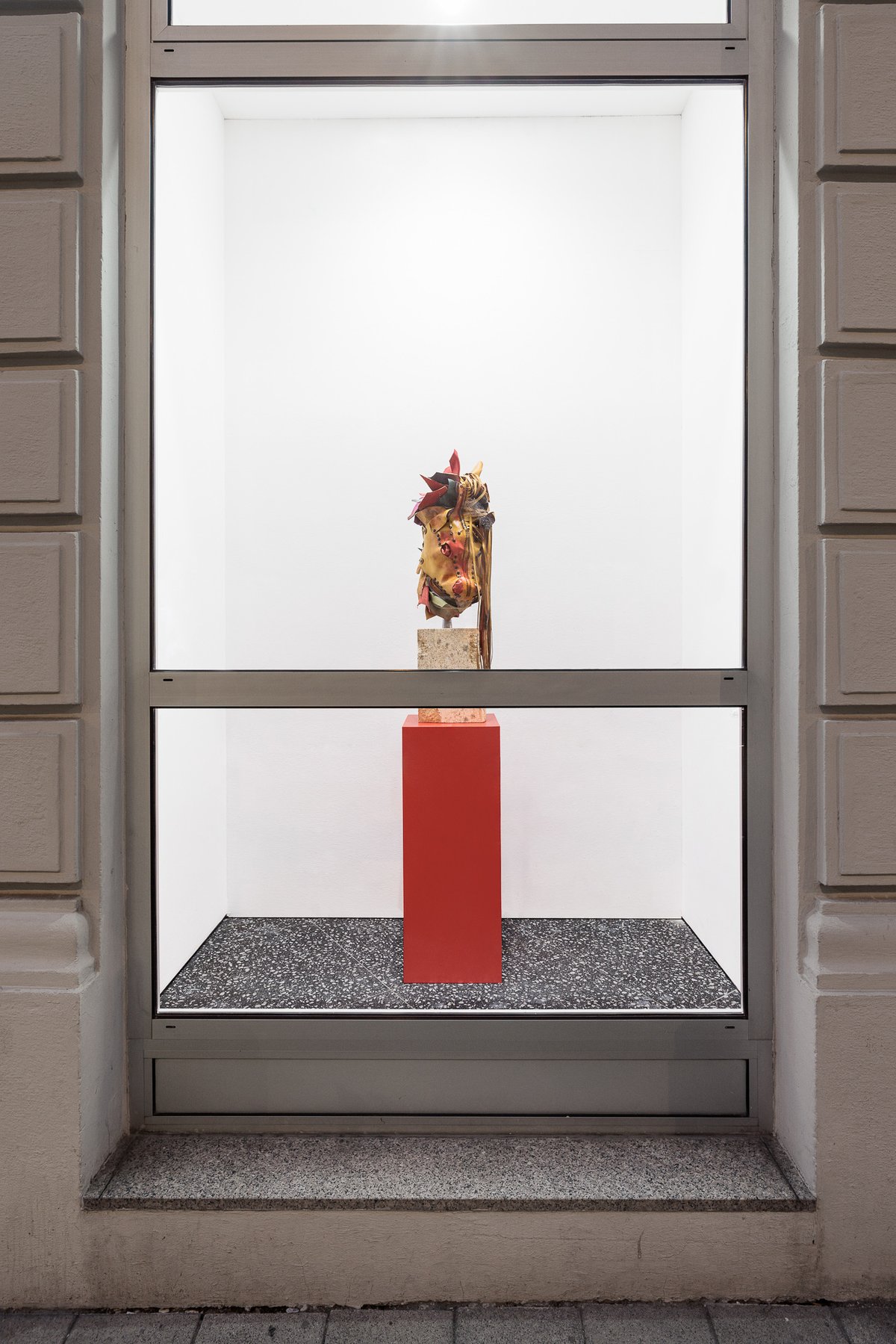 Lena HenkeMemory of a Young Sculpture X, 2024Soldered and boiled leather, pigment and steel mounted on Austrian granite, on wooden pedestal30 x 30 x 167 cm (installed dimensions) / 30 x 30 x 87 cm (dimensions without plinth)