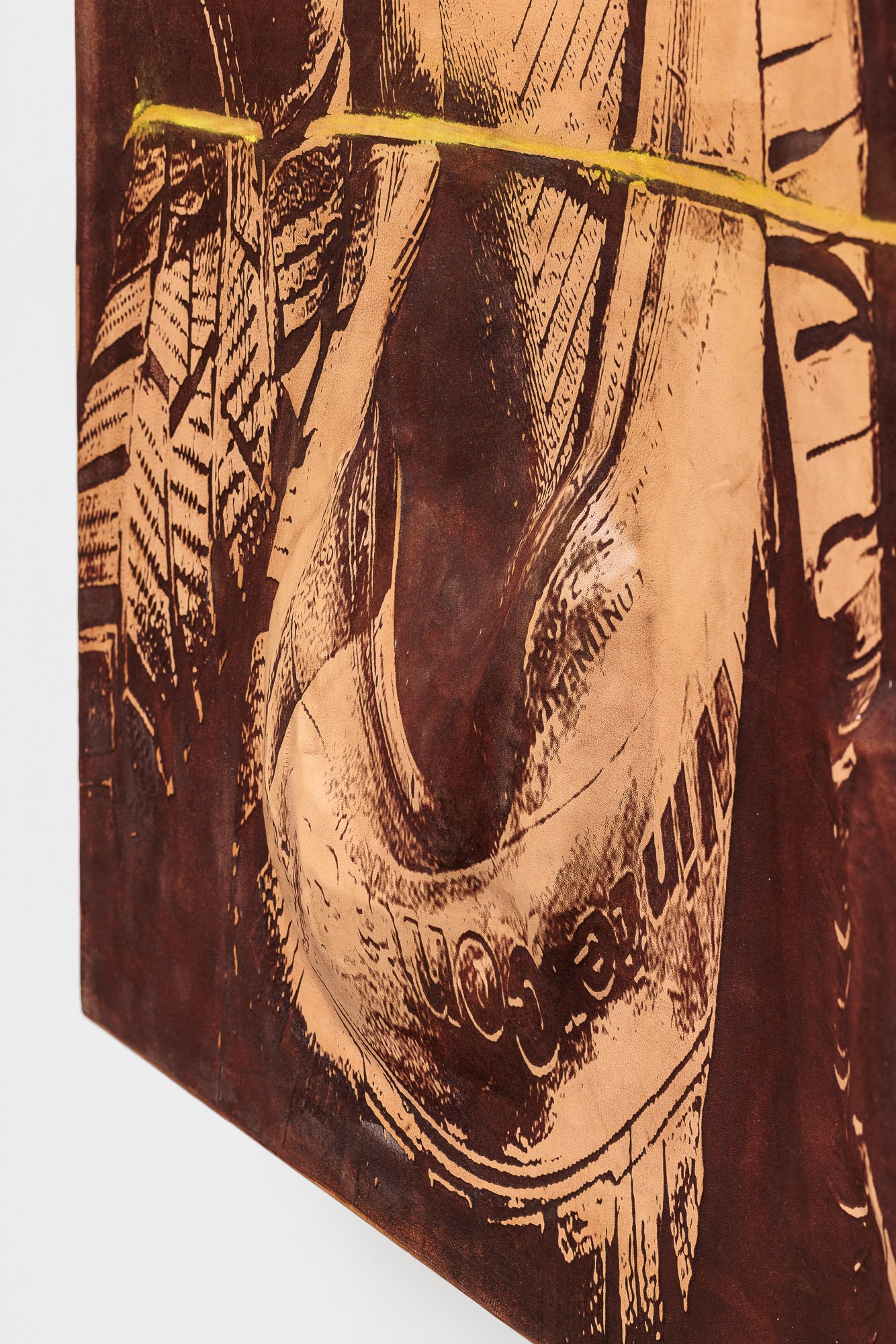Lena HenkeLena Henke, Combustions 23 [Sidewall failure], 2024Laser etched leather, pigment on wooden panel150 x 125 x 15 cm