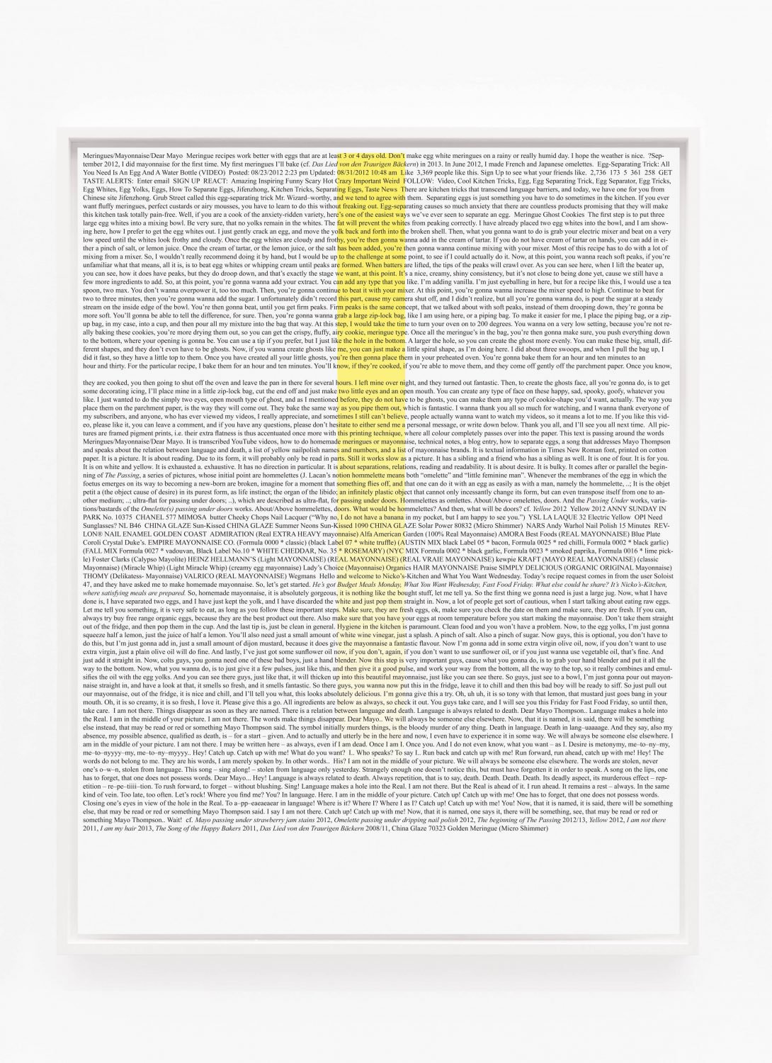Lisa HolzerMeringues/Mayonnaise/Dear Mayo, 2013Pigment print on cotton paper88 x 68 cm