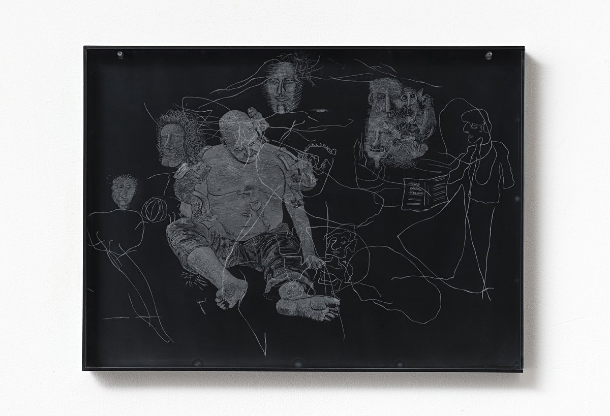 Niklas LichtiUntitled, 2018Engraving on glass, burnished metal frame54 x 39.5 cm