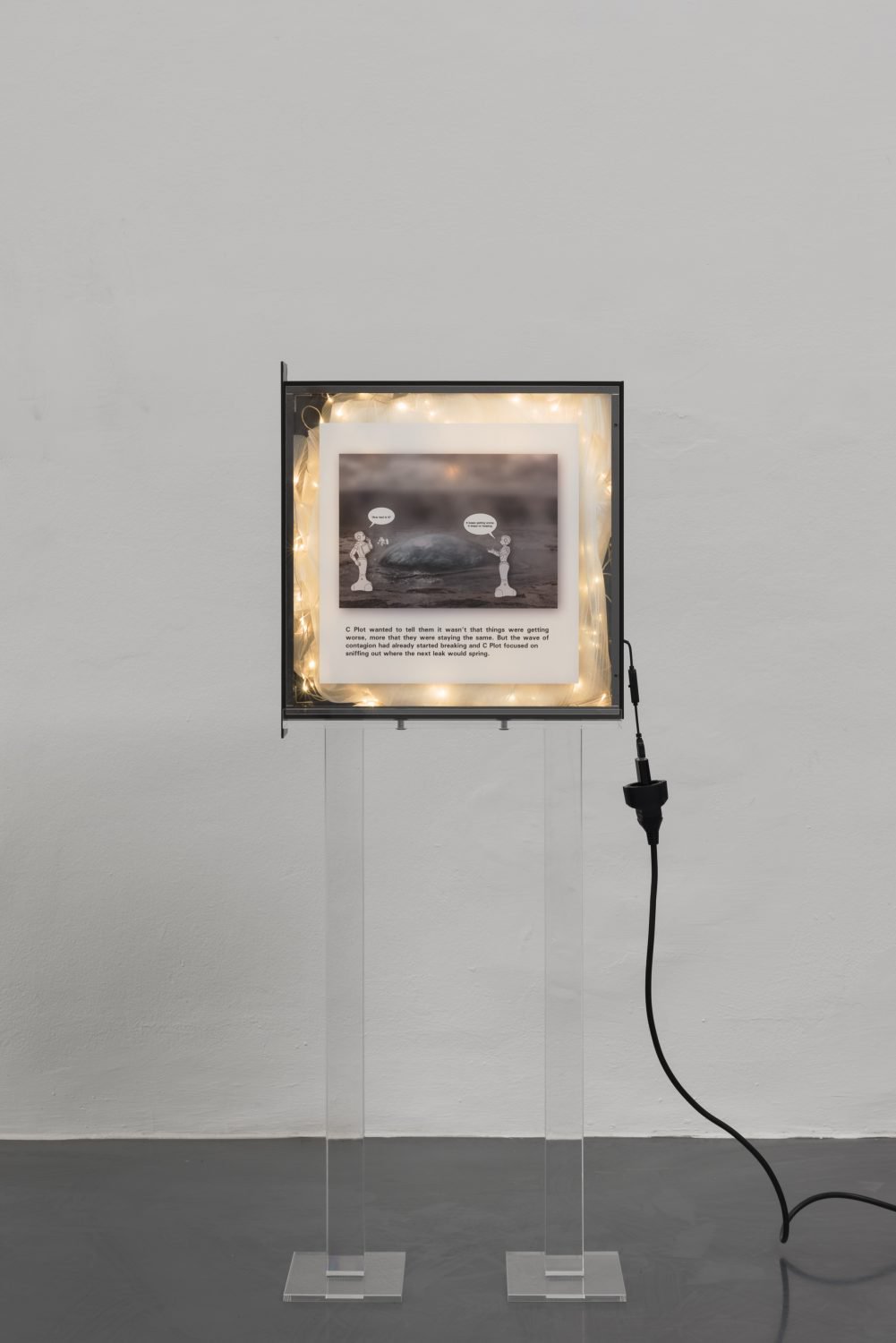 Cécile B. EvansTest card II, 2016Custom acrylic stands, custom anodized server case, UV media print on acrylic, foam gauze, LED light wire, cables118.5 x 44 x 20 cm
