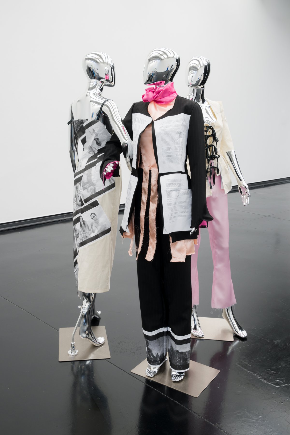 Anna-Sophie Berger and Teak RamosSomething for Everyone, Everything for No One, 2021Ten looks composed of black and white laser prints on A4 paper, polyester, tailoring cotton, organza, suit fabrics, zippers, thread, chrome mannequinsYou can have my brain, MACRO, Rome, 2021
