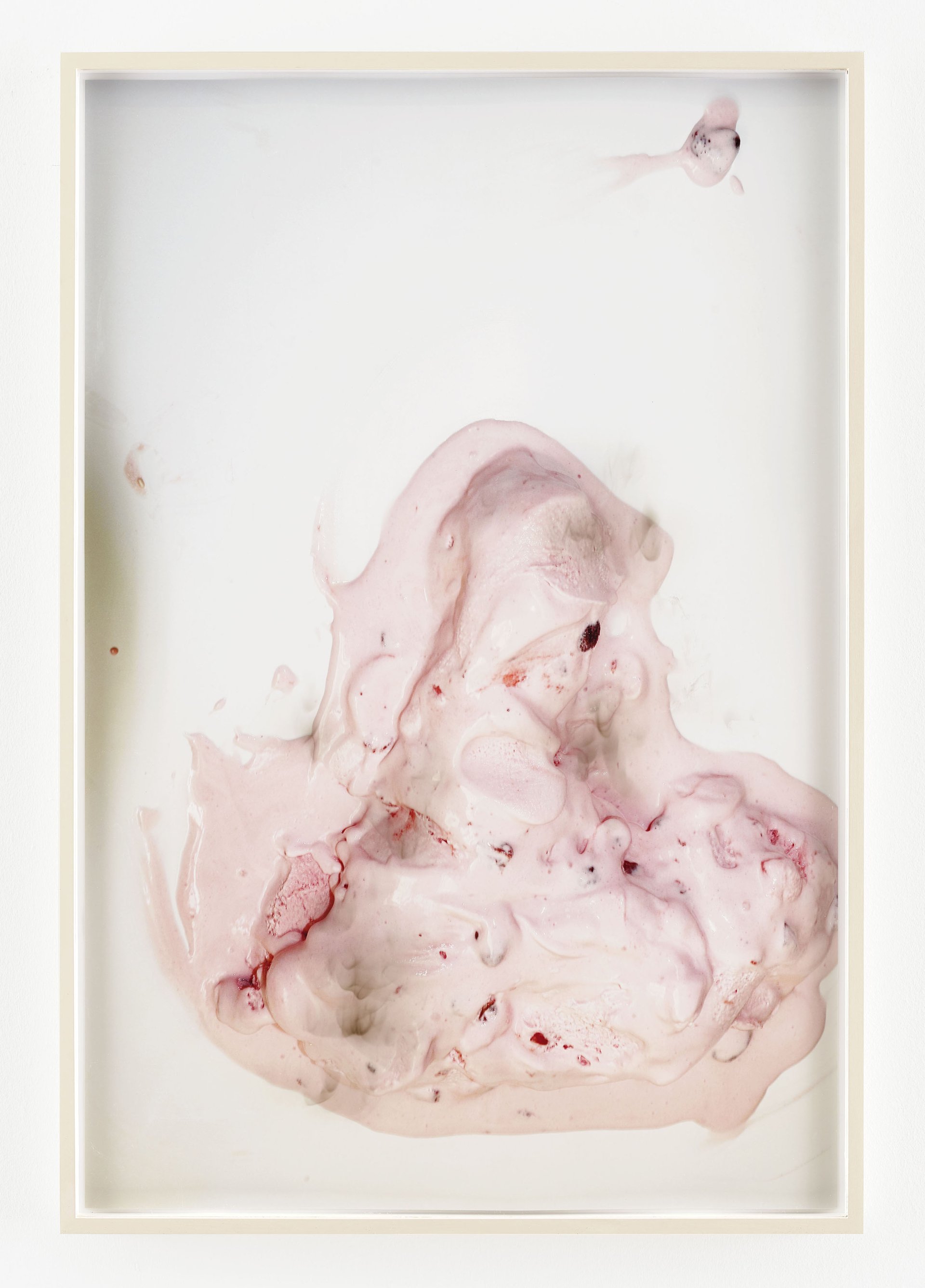 Lisa HolzerUnd ich hab schon wieder Hunger (Erdbeereis) / You make me very hungry (strawberry ice cream), 2018Pigment print on cotton paper, semigloss enamel on wood, soot on glass110 x 74.5 cm