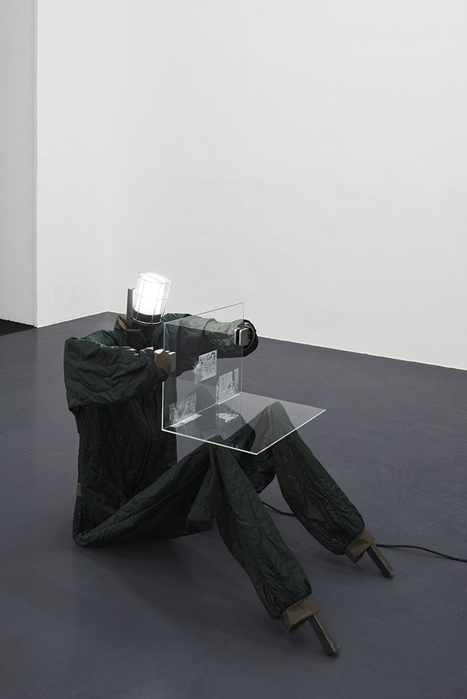 Niklas LichtiUntitled, 2016Steel, custom-made jumpsuit, engraved glass and lamp83 x 53 x 85 cm