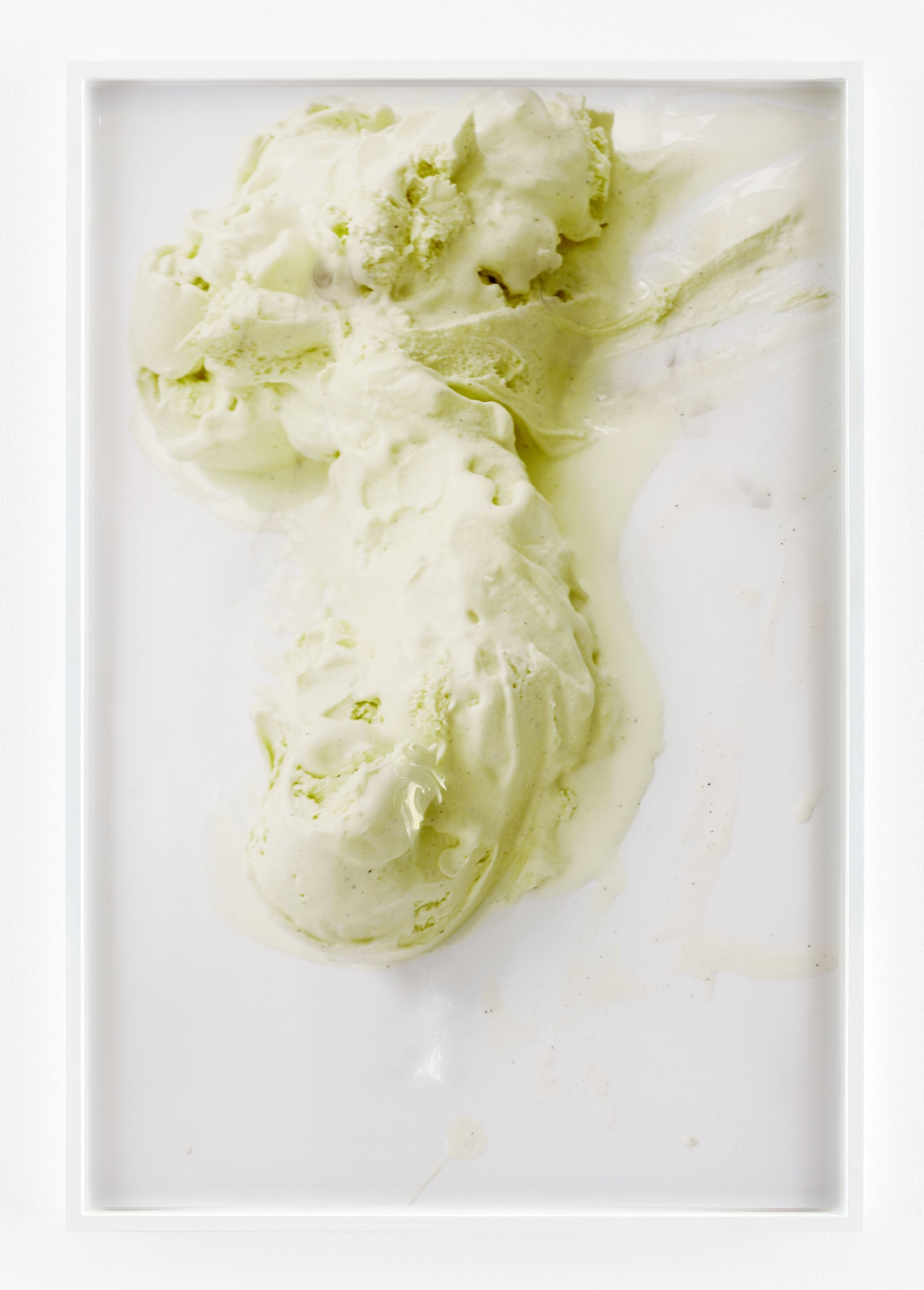 Lisa HolzerUnd ich hab schon wieder Hunger (Vanilleeis) / You make me very hungry (vanilla ice cream), 2018Pigment print on cotton paper, semigloss enamel on wood, vanilla ice cream on glass110 x 74.5 cm