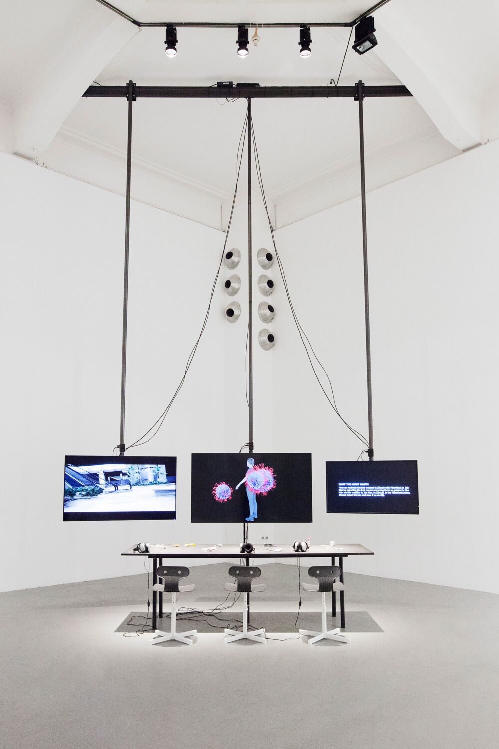 Cécile B. EvansWorking on What the Heart Wants, 20163 screen livestream installation, Raspberry Pis, HD files, streaming program, ethernet cables, table chairs and different items of the artist