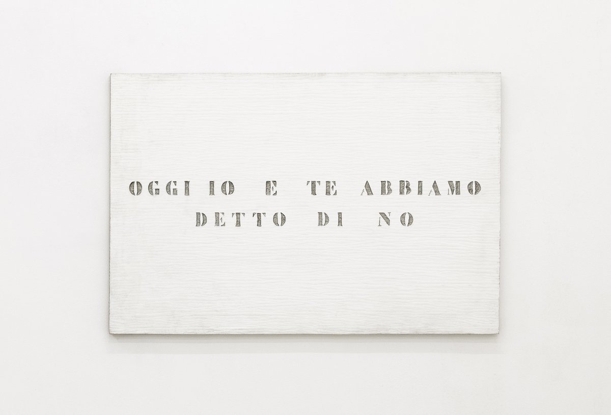 Vincenzo AgnettiRitratto – Oggi io e te abbiamo detto di no, 1971Engraved and silver-painted inscription on white felt80 x 120 cm