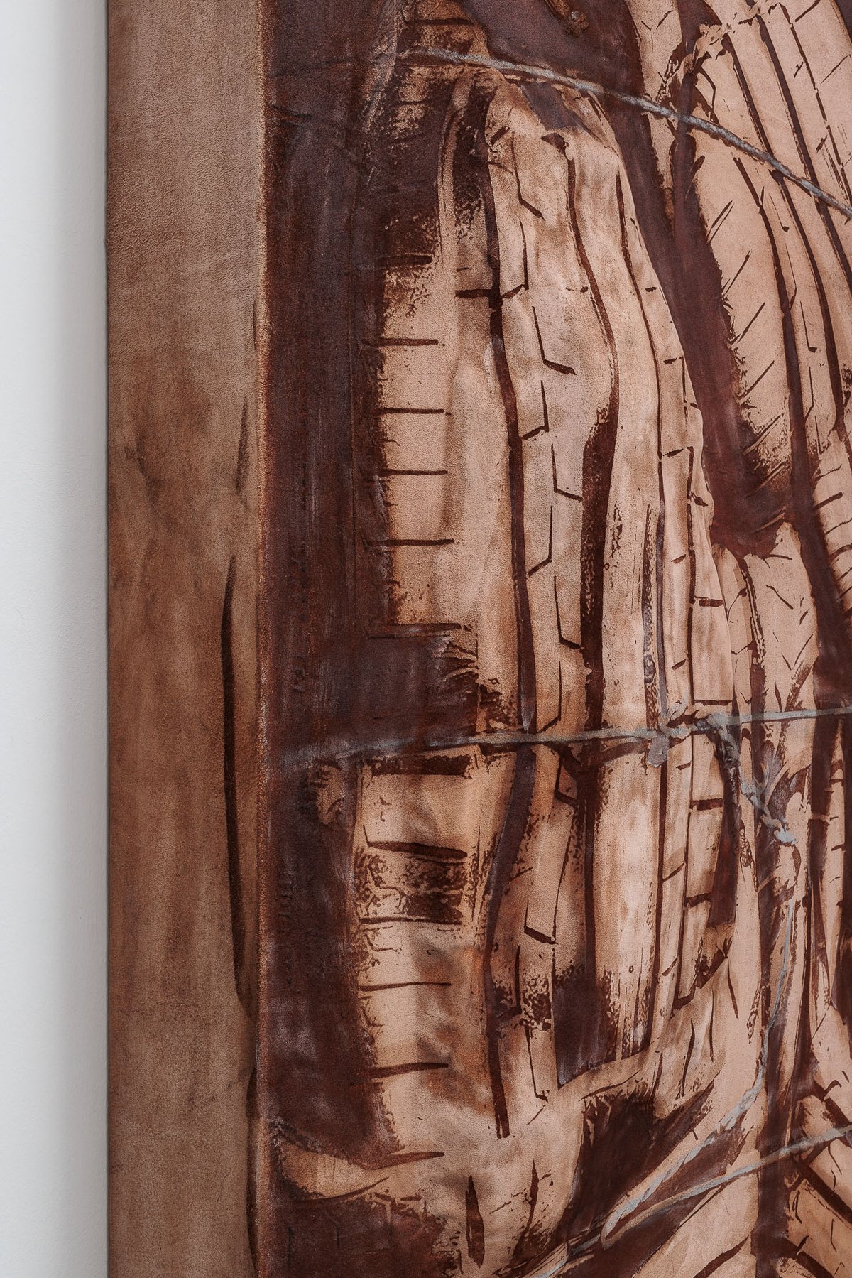 Lena HenkeCombustions 21 [Tyre bulge], 2024Laser etched leather, pigment on wooden panel150 x 125 x 15 cm