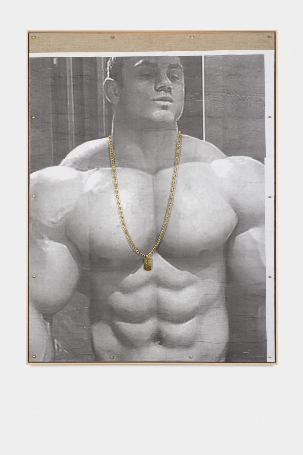 Philipp TimischlBuckle up buttercup. And pray for my money., 2018Xerox print, metal chain, embossed dog tag, acrylicglass on linen, framed120 x 90 cm