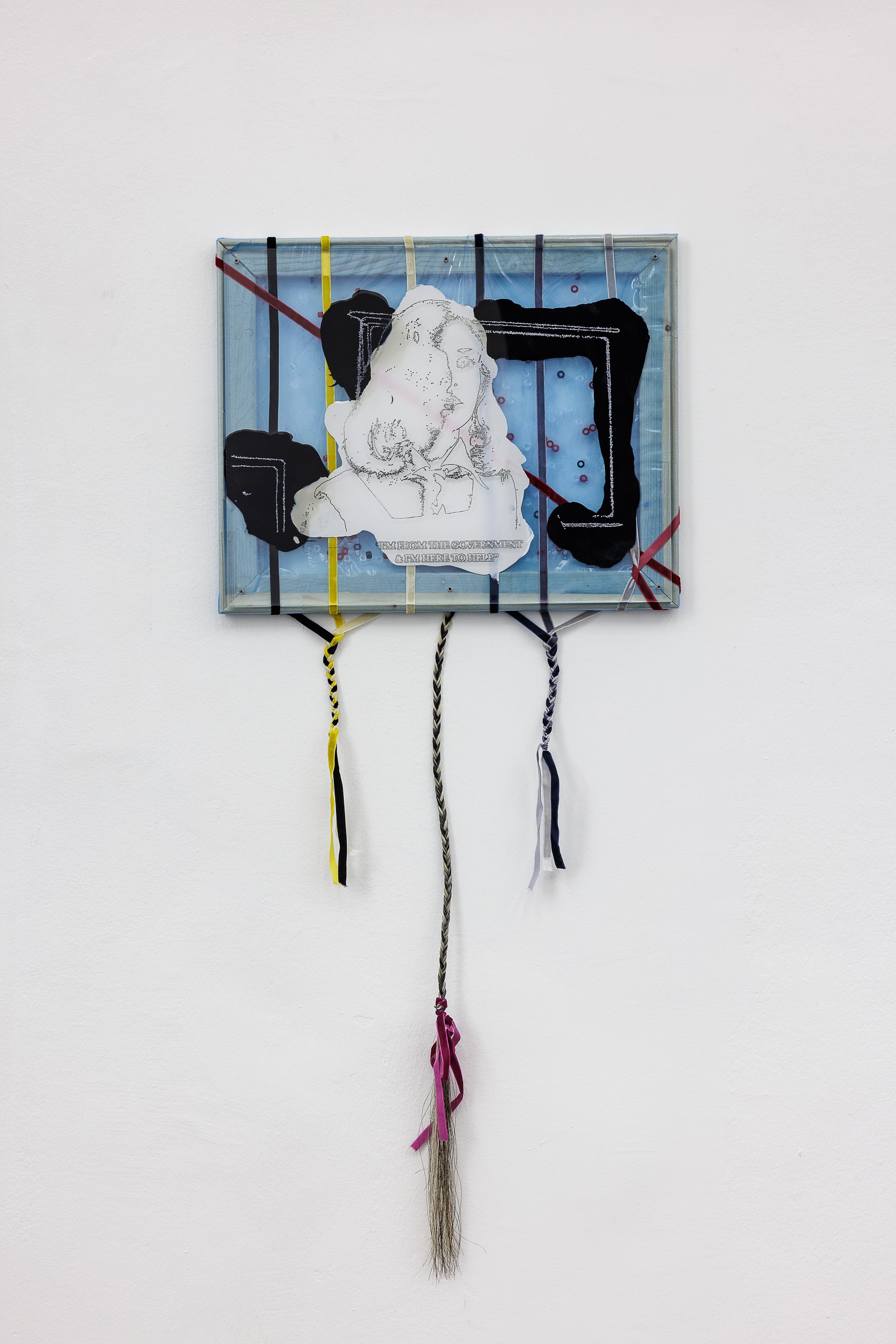 Jordan/Martin HellI&#x27;m From The Government, 2022Acrylic, laser cut on plexi, wood, plastic, ribbons, horse hair, &amp; hair beads42 x 52 cm