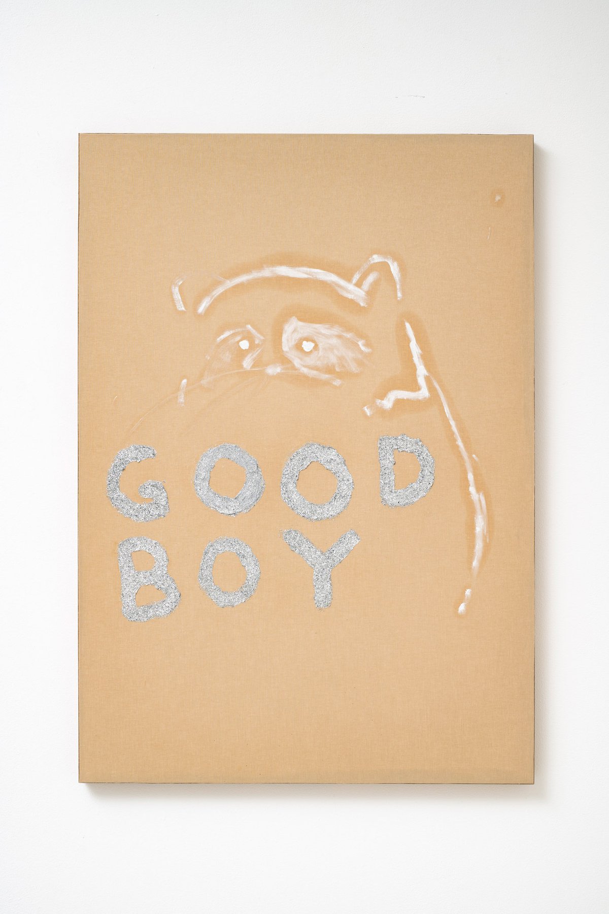 Philipp TimischlGOOD BOY (Brown, Titanium, White, Silver), 2019Canvas on wooden board, oil, glitter100 x 70 x 4 cm