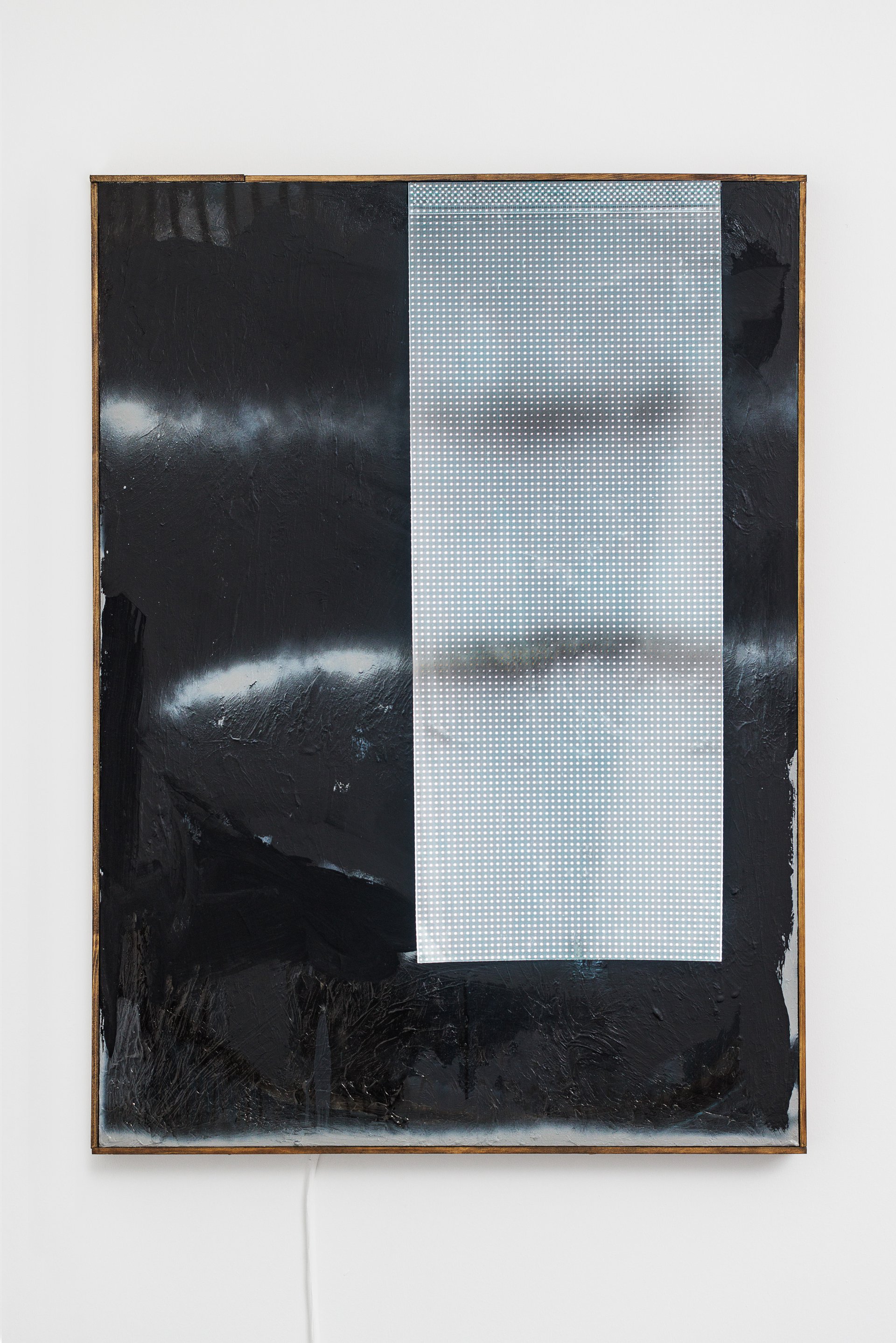 Philipp Timischl I need some sleep, 2023 Acrylic, oil and ink on canvas, transparent screen, media player, video 120 x 90 cm