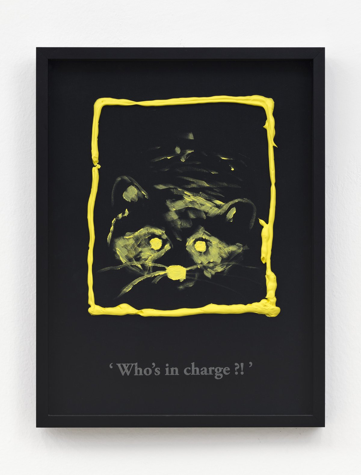 Philipp Timischl&quot;Who&#x27;s in charge?!&quot; (Black/Cadmium Yellow Light), 2017Acrylic on linen and glass-engraved object frame40.1 x 32.1 cm