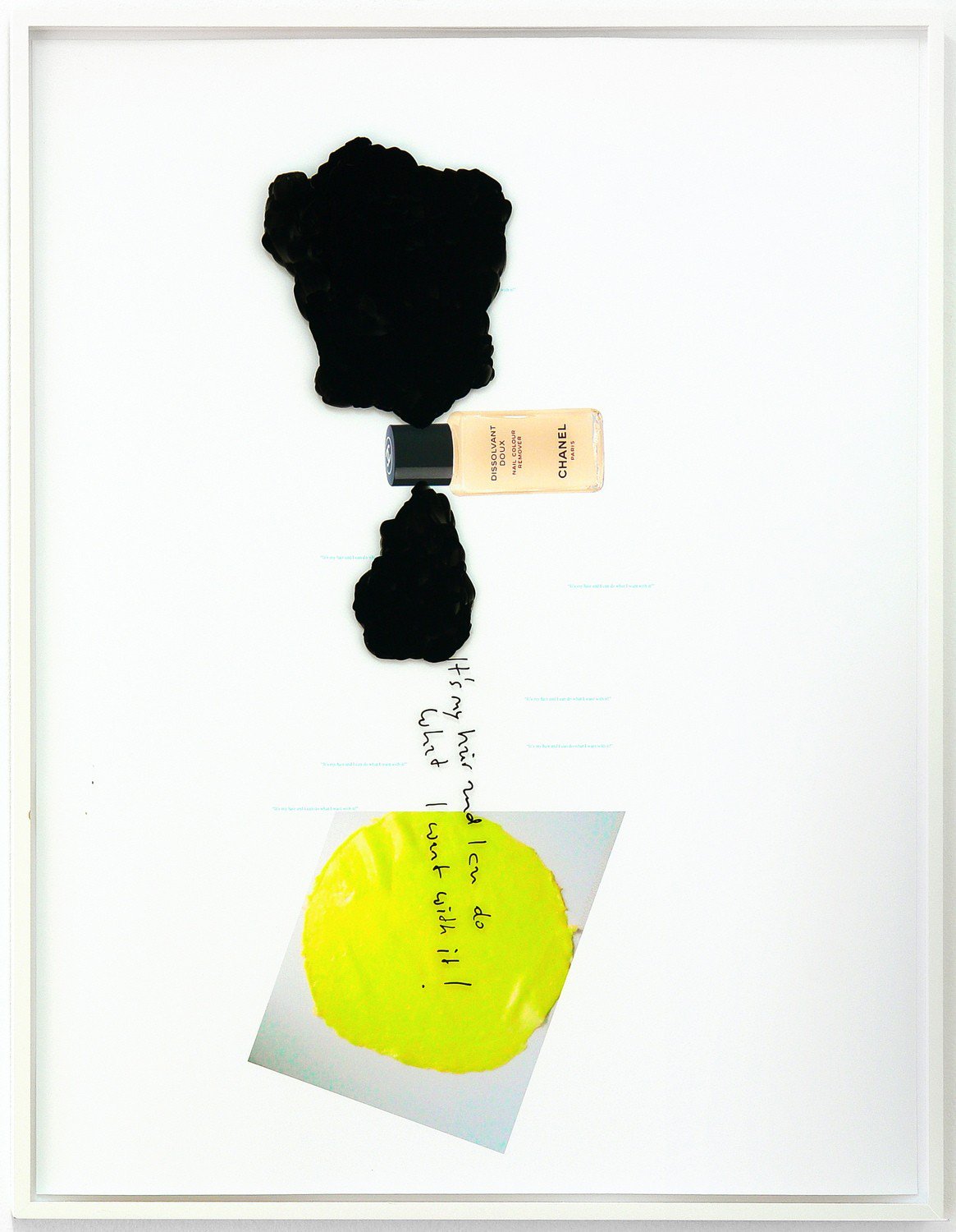Lisa HolzerOmelette passing under Chanel Dissolvent, 2013Pigment print on cotton paper, acrylic on glass88 x 68 cm