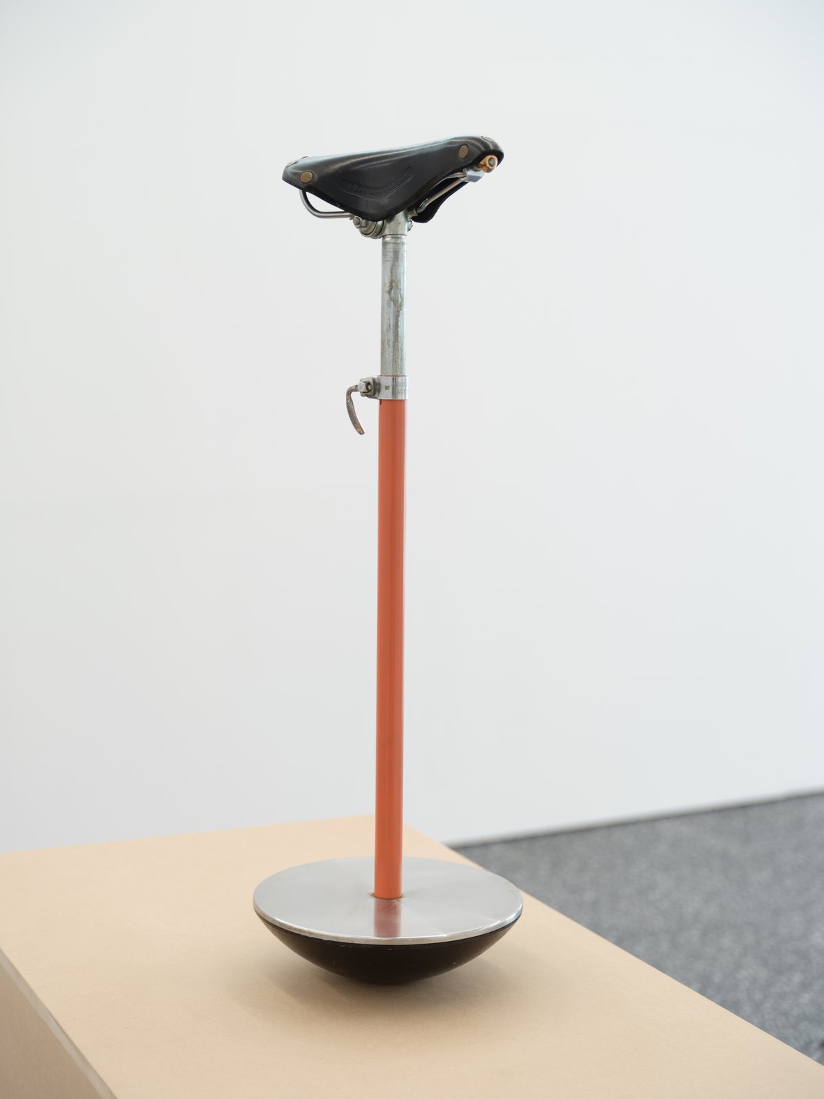 Installation view, Gaylen Gerber, Support, n.d., Sella stool, Achille and Pier Giacomo Castiglioni, manufactured by Zanotta, Italy, 1957, enameled steel, stainless steel, leather, chrome plated steel, 76 x 28 x 30 cm (30 x 11 x 12 inches)