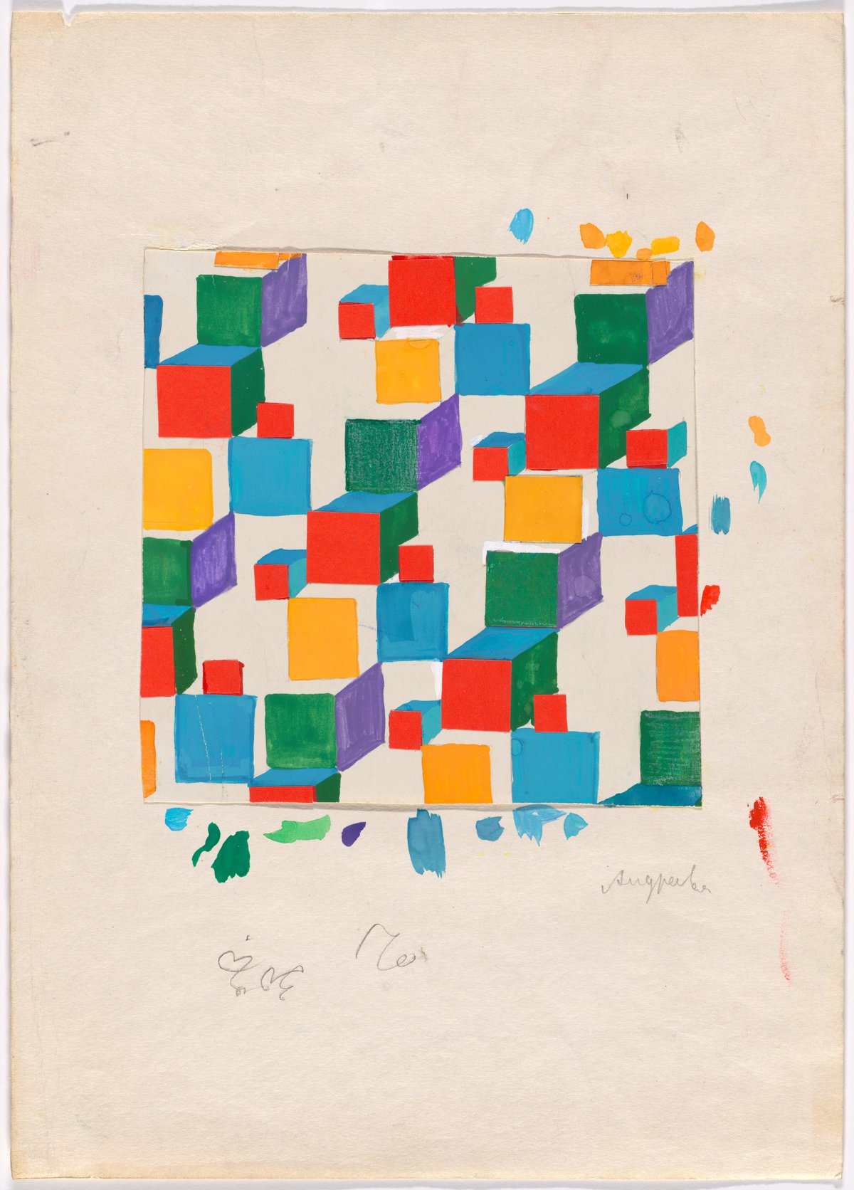 Anna AndreevaCubes (design for children&#x27;s textile), c. 1960sTempera, crayon, and collage on paper20.5 × 20.2 cmCourtesy the Museum of Modern Art, New YorkDigital Image © 2022 The Museum of Modern Art, New York