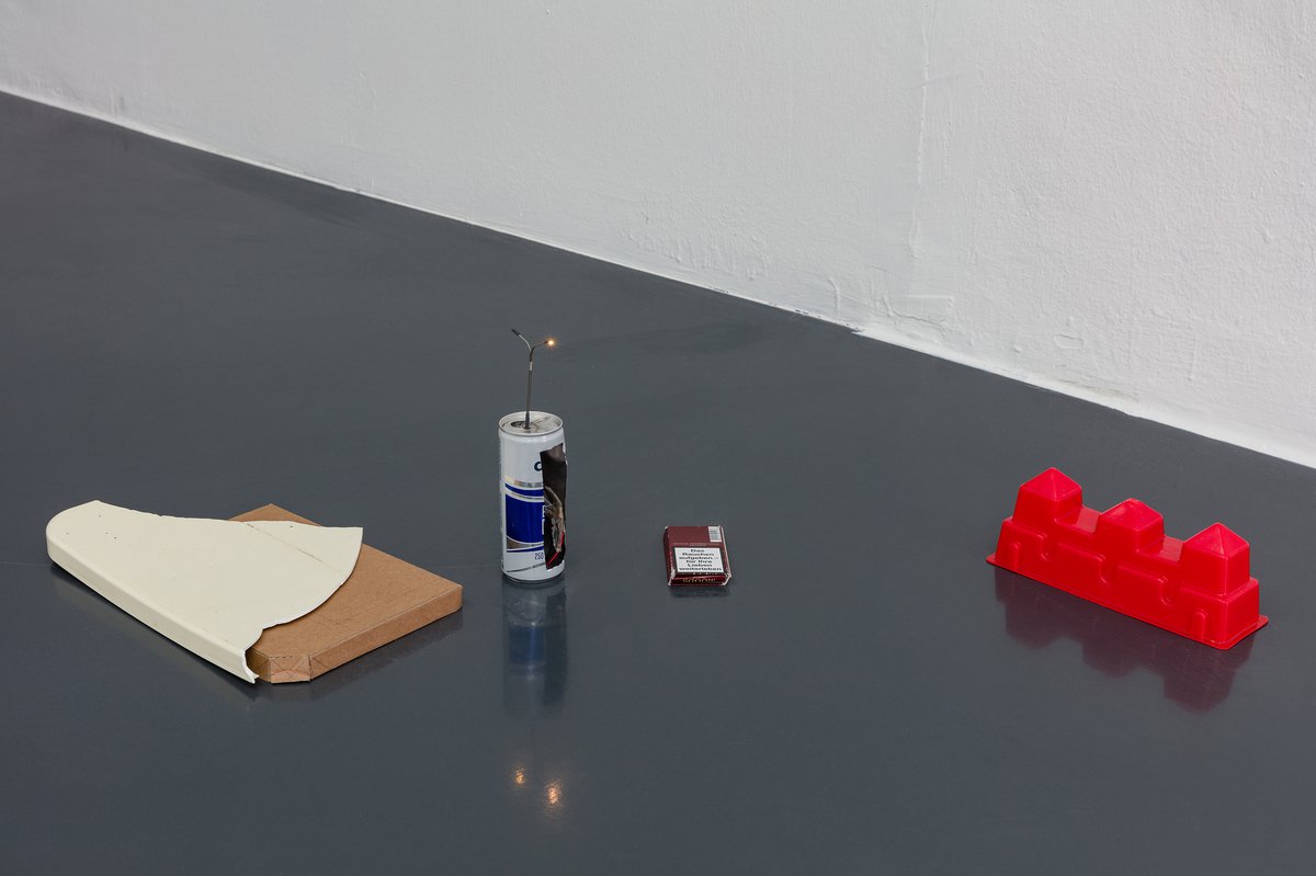 Benjamin HirteFür Ihre Lieben / For Your Loved Ones, 2020Various materials, beverage can, model building street lamp, toy castle, cigarette box, part of a chair, cardboard boxDimensions variableFirst Houses, Layr Seilerstaette, Vienna, 2020