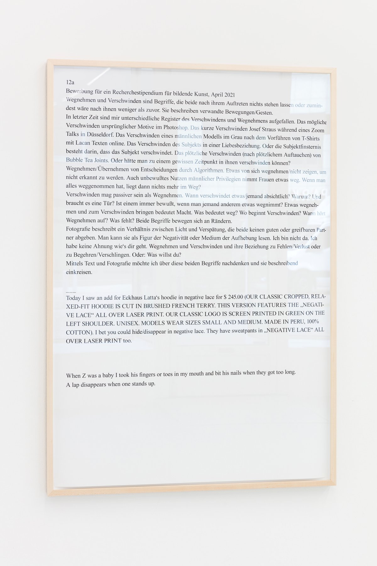 Lisa HolzerBewerbung für ein Recherchestipendium für bildende Kunst, April 2021, 2021Pigment print on cotton paper, black marker on wood110.3 × 76 cm