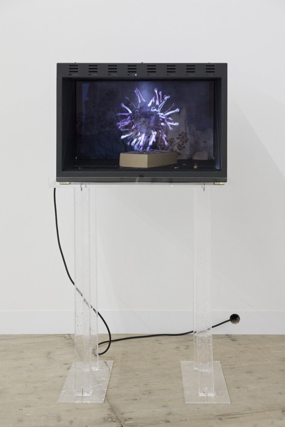 Cécile B. EvansHandy if you are learning to fly III, 2016Custom built holocube, assorted miniatures, HD video, plexiglass stands, corn syrup, lacquer, c-type print, books115.5 x 119 x 86 cm