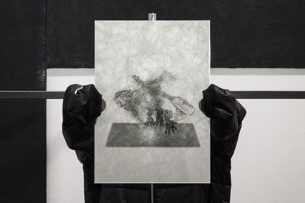 Niklas LichtiO.T. (Emulate&amp;Imitate), 2015Steel, jacket, glass, UV-injekt print on tyvekDetail view