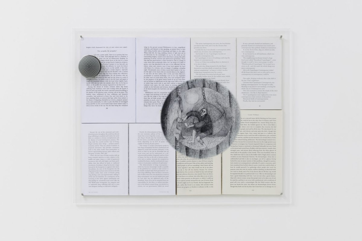 Niklas LichtiGore Capitalism, 2019UV print on glass, books, speaker, stainless steel51.7 x 41.4 cm