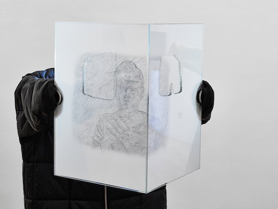 Niklas LichtiO.T., 2013Steel, Coat, lamp, inkjet print on backlit film, glassDetail view