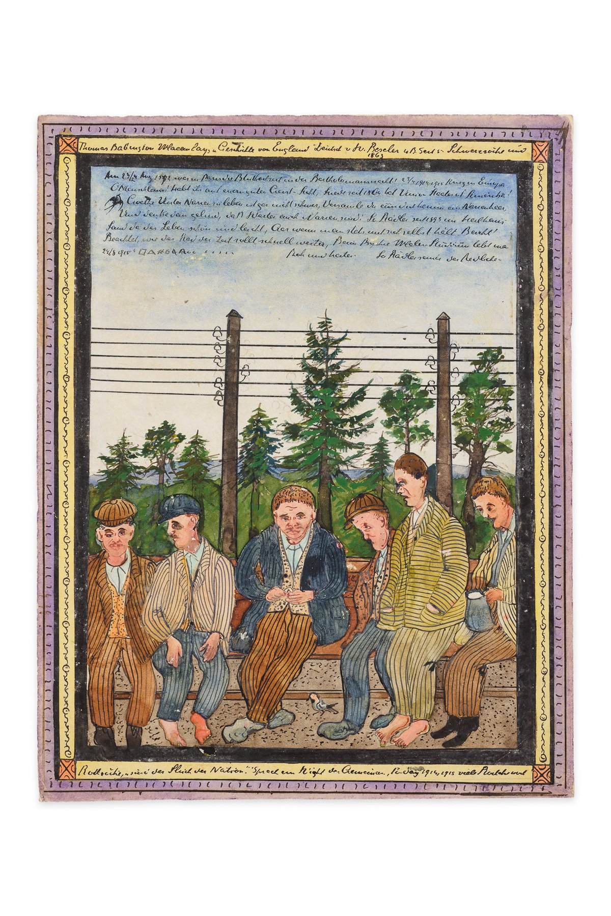 Joseph Karl RädlerSechs auf einer Bank sitzende Männer, im Hintergrund Telegraphenmasten und Bäume, 1915Aquarell28,2 x 22,1 cm