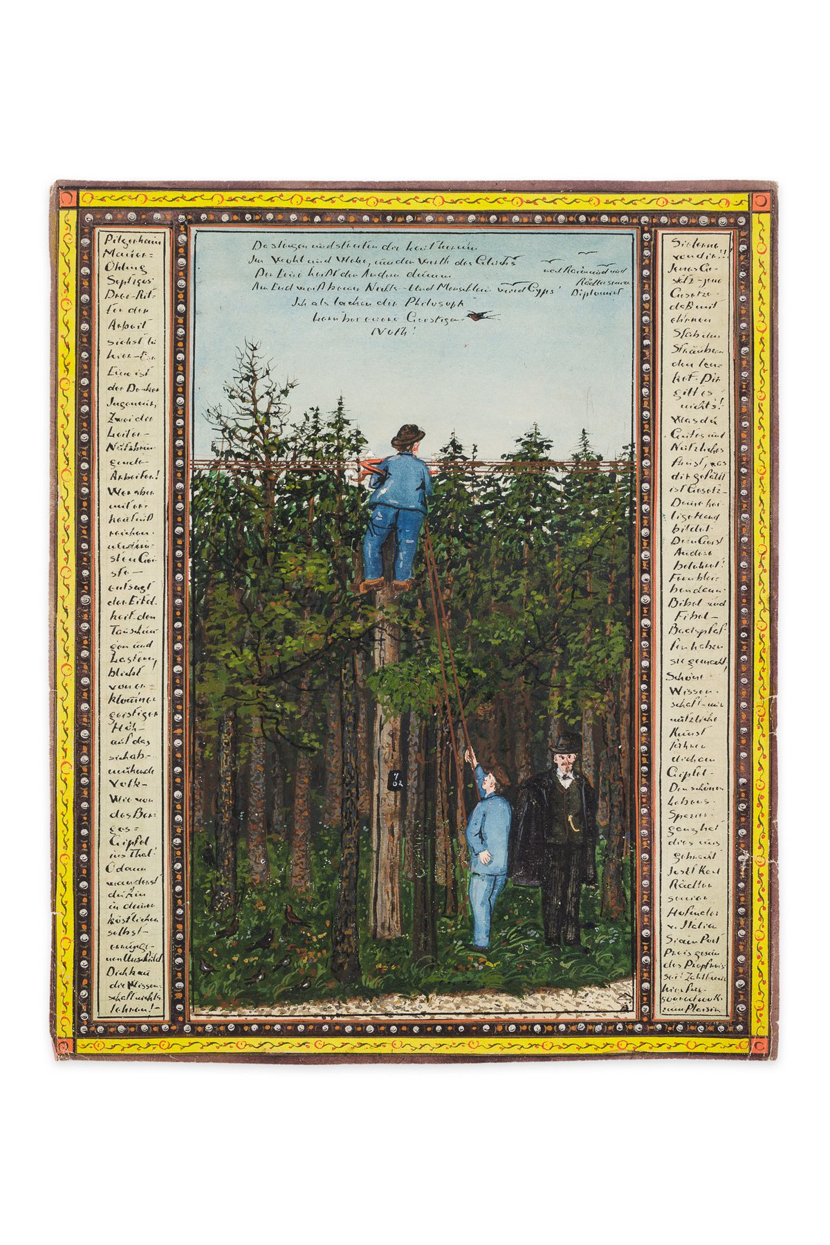 Joseph Karl RädlerZwei Arbeiter bei einem Telegraphenmast im Wald, ein Mann in schwarzem Anzug steht neben ihnen, 1905Aquarell29 x 23,8 cm