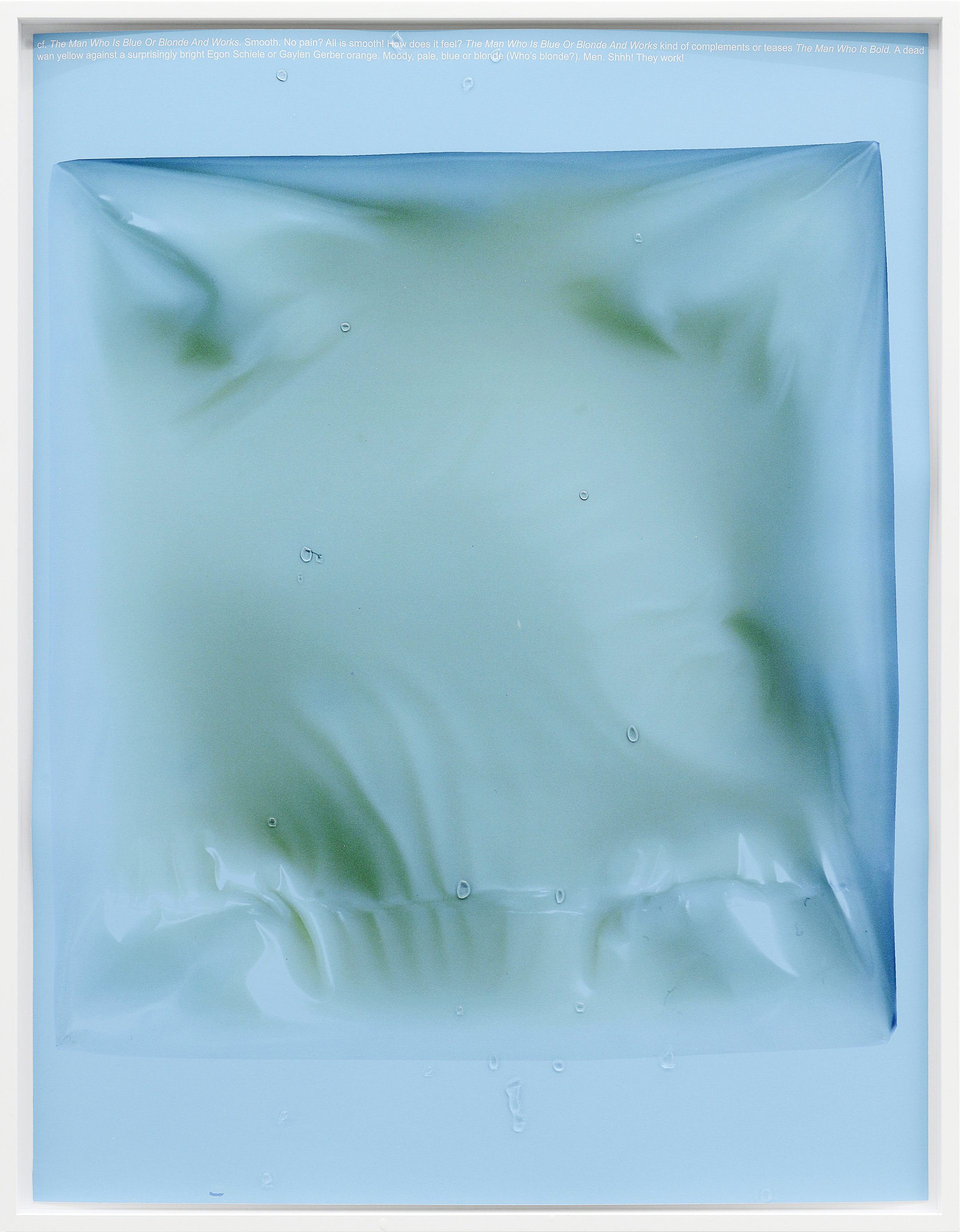 Lisa HolzerThe Man Who Is Blue Or Blonde And Works, 2016Pigment print on cotton paper, Crystal Clear 202/1 polyurethane on glass92 x 72 cm