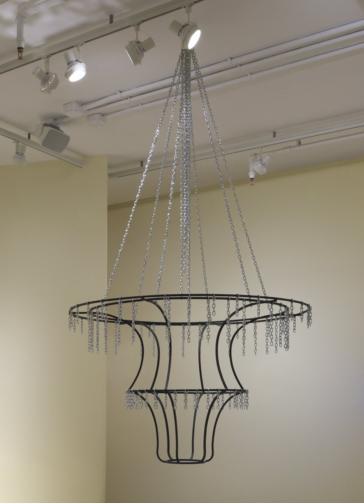 Benjamin HirteGhost, 2019Steel, bluing stain, chrome plated chains⌀ 125 x 250 cmLife and Limbs, Swiss Institute, New York, 2019