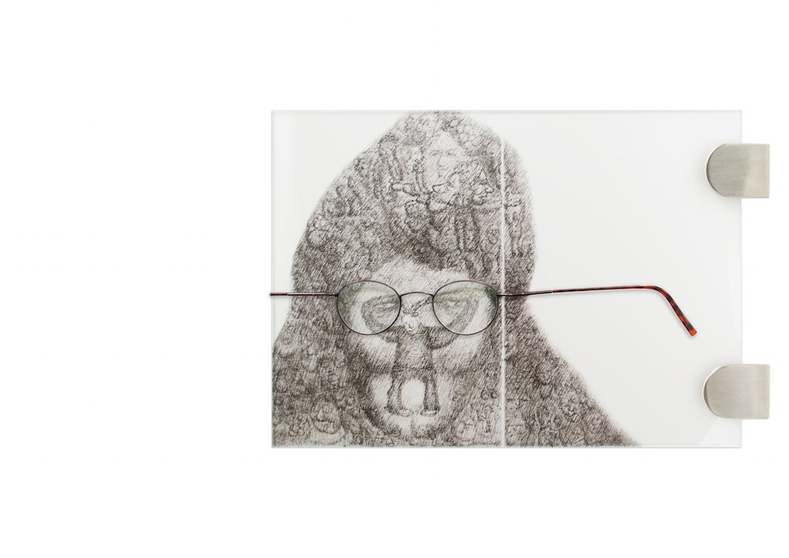 Niklas Lichti,Der Spinnenkuss 2015Inkjet print on backlit film, reading glasses, sandblasted glass, steel, recto35 x 25 cm