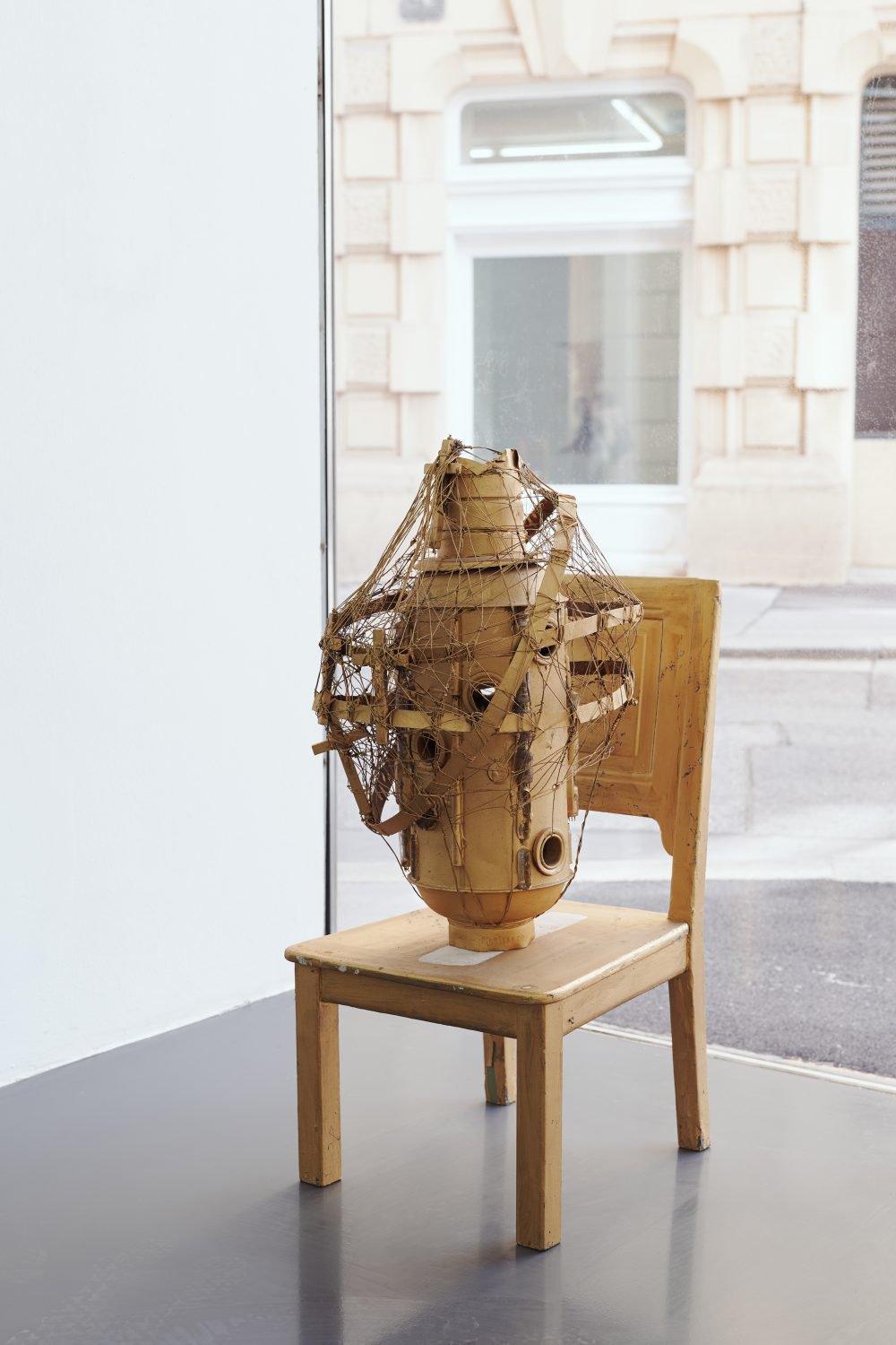 Stano FilkoMonstrance on chairFound object, wood, mixed media96 x 45 x 47 cmMULTIMODAL GOOGLIFICATION OF COSMOLOGY-ORIENTED DIAGRAMMATIC EXPERIMENTATIONS OF STANO FILKO, Layr Seilerstaette, Vienna, 2019