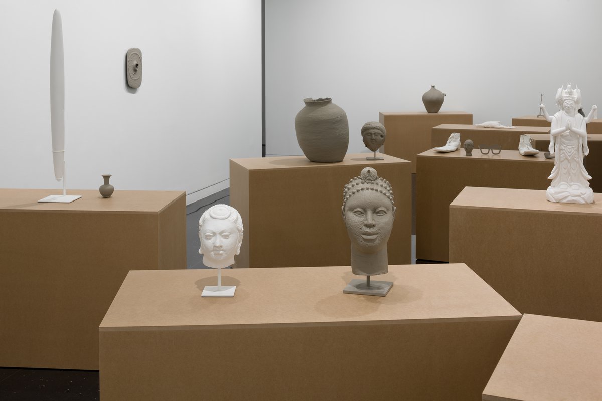 Gaylen Gerber, 2018Installation view - three nearest pedestals: Gaylen Gerber, Support, n.d., oil paint on Bactrian gray stone idol, northern Afghanistan, ca. late 3rd–early 2nd century BCE, on base, 102.2 x 17.8 x 17.8 cm (40 ¼ x 7 x 7 in.); Gaylen Gerber, Support, n.d., oil paint on Sueki earthenware, Japan, Heian era, 794–1185 CE, 12.1 x 8.2 x 8.2 cm (4 ¾ x 3 ¼ x 3 ¼ in.);Gaylen Gerber, Support, n.d., oil paint on stucco female head, Gandharan, North-West Frontier Province, Pakistan, 4th–5th century CE, on base, 30.5 x16.5 x 16.5 cm (12 x 6 ½ x 6 ½ in.); Gaylen Gerber, Support, n.d., oil paint on bronze commemorative head of an Oba, Edo or Benin peoples, Nigeria, early 20th century, on base, 17 x 6 ¾ x 8 ½ in. (43.2 x 17.1 x 21.6 cm); Gaylen Gerber, Support, n.d., oil paint on painted wooden Buddhist figure of Bato Kannon (Hayagriva), Japan, Edo period, 18th–19th century, 62.9 x 28.6 x 19 cm (24 ¾ x 11 ¼ x 7 ½ in.)The Arts Club of Chicago, Chicago