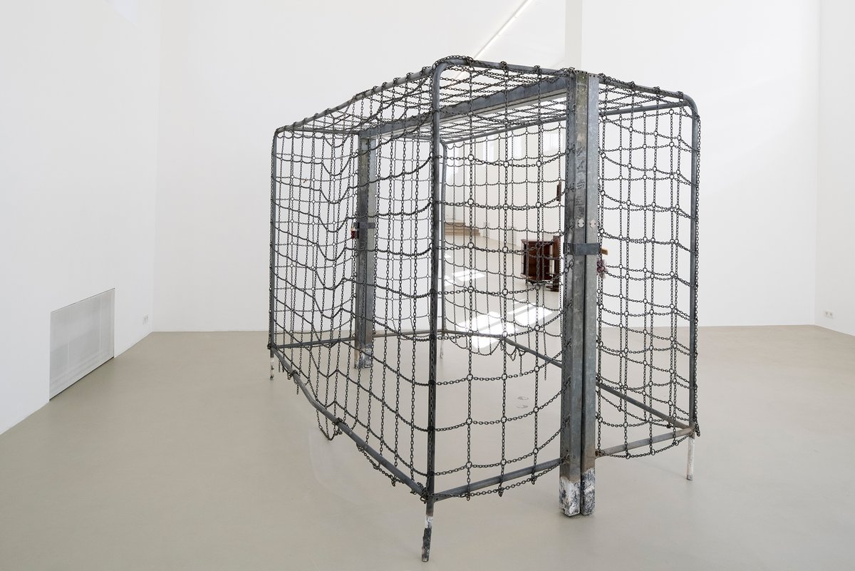 Anna-Sophie BergerKeeping Things, 2017Iron goals, iron shackles, locks, keyring pendantsca. 3 x 2 x 2 mArs Viva Award, Kunstverein München, 2017