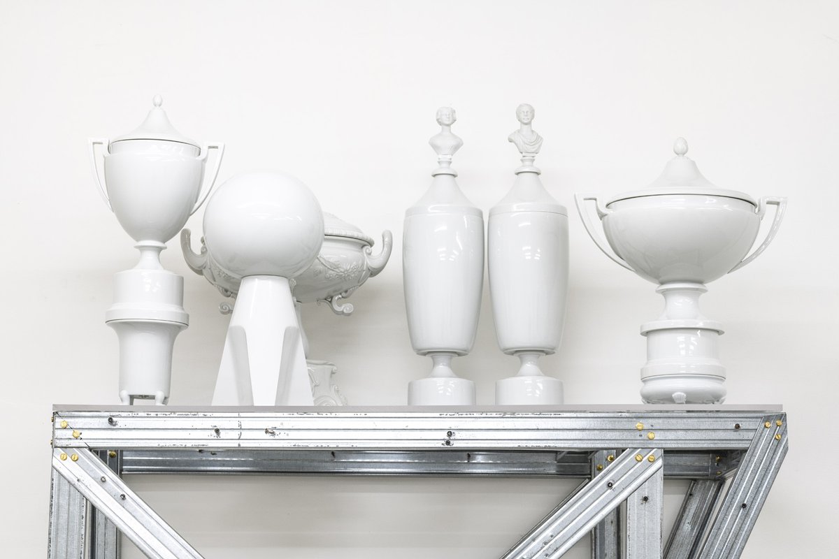 Plamen DejanoffUntitled, 2019Aluminium sculpture, plexi, six porcelain sculptures229 x 126 cmDetail view