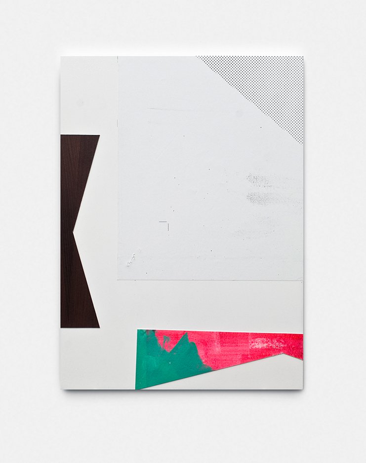 Nick OberthalerUntitled, 2014Primer, acrylics, photocopy and paper collaged on aluminum30 x 25 cm