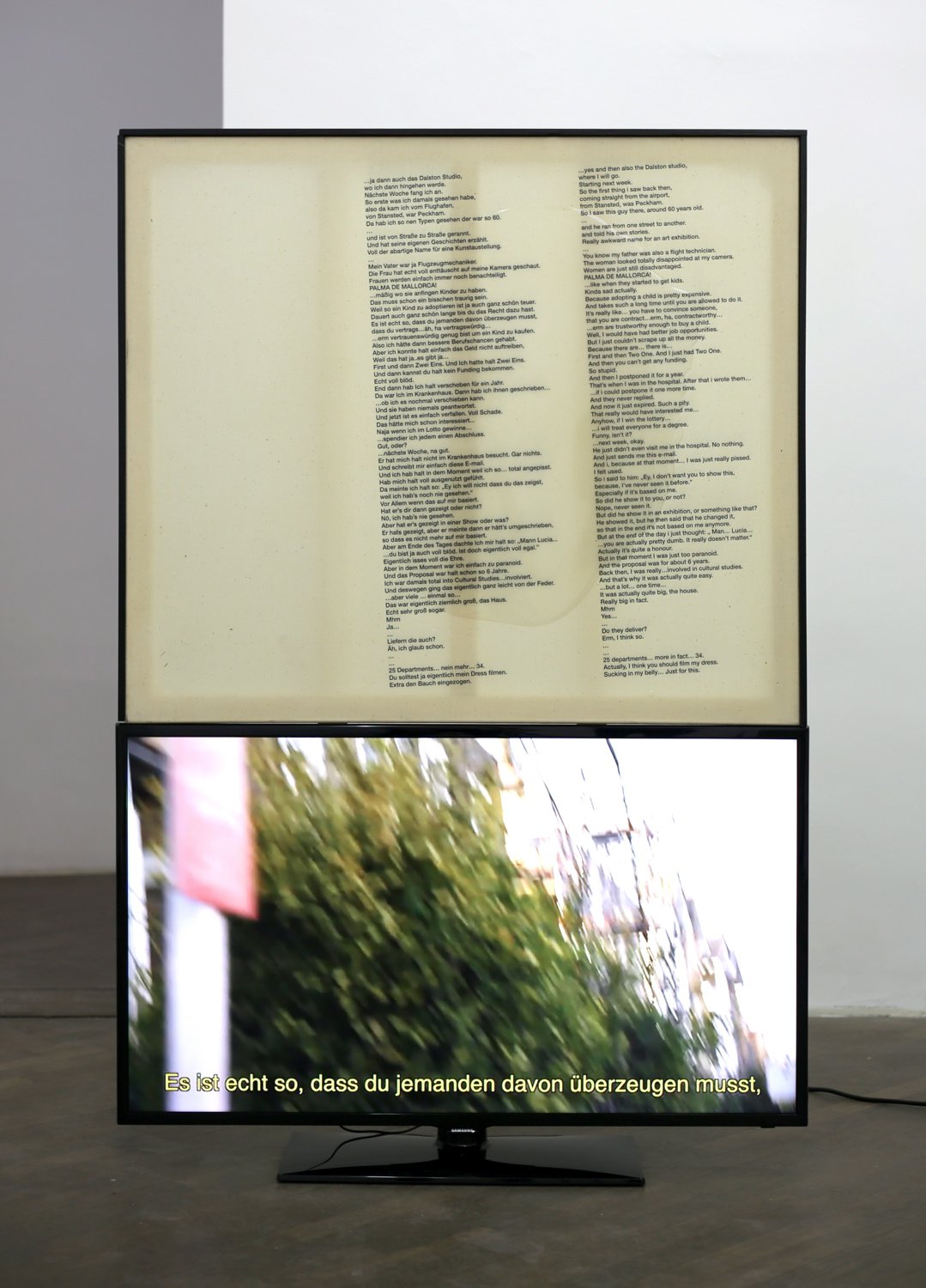 Philipp TimischlPatchy at best (D/E), 2014UV-direct print on epoxy resin on canvas above flatscreen, two videos each 00:05:16 (loop)159 x 105 x 5 cm