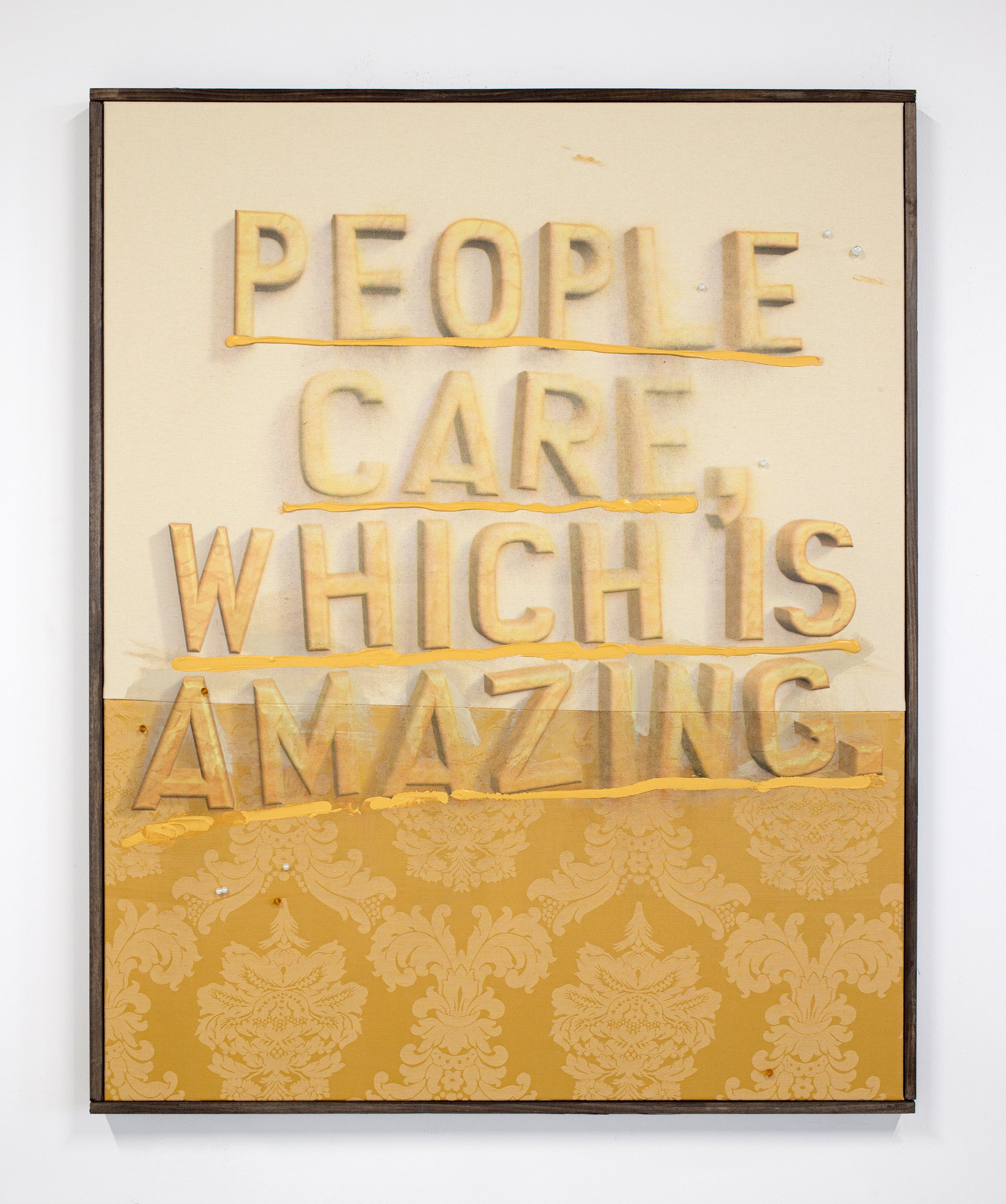 Philipp TimischlPeople care, which is amazing, 2020Acrylic paint on UV-direct print with spilled pearls and crystals on various fabrics, artist frame80 x 100 cm
