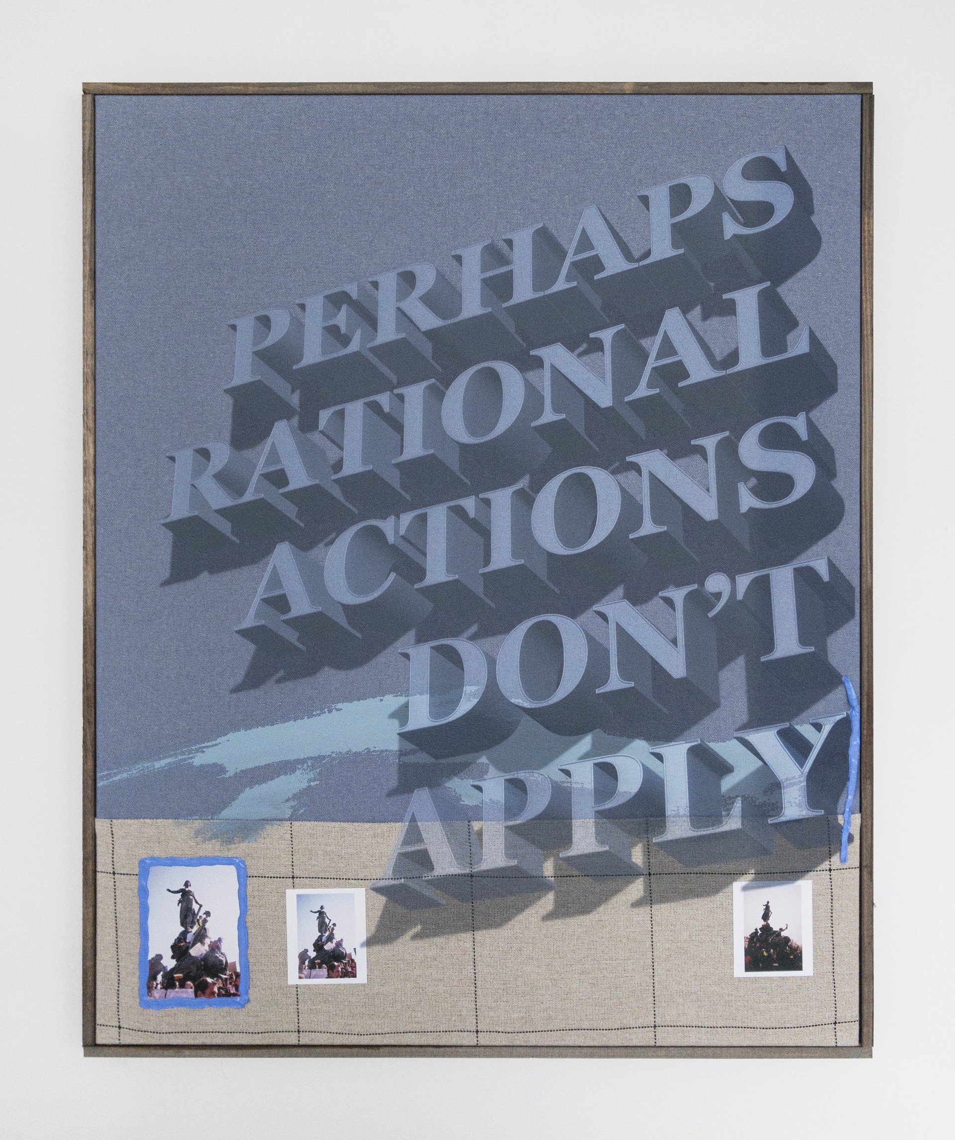 Philipp TimischlPerhaps Rational Actions Don’t Apply, 2020Acrylic paint, UV-direct print and photos on fabrics, stained wooden frame100 x 80 cm